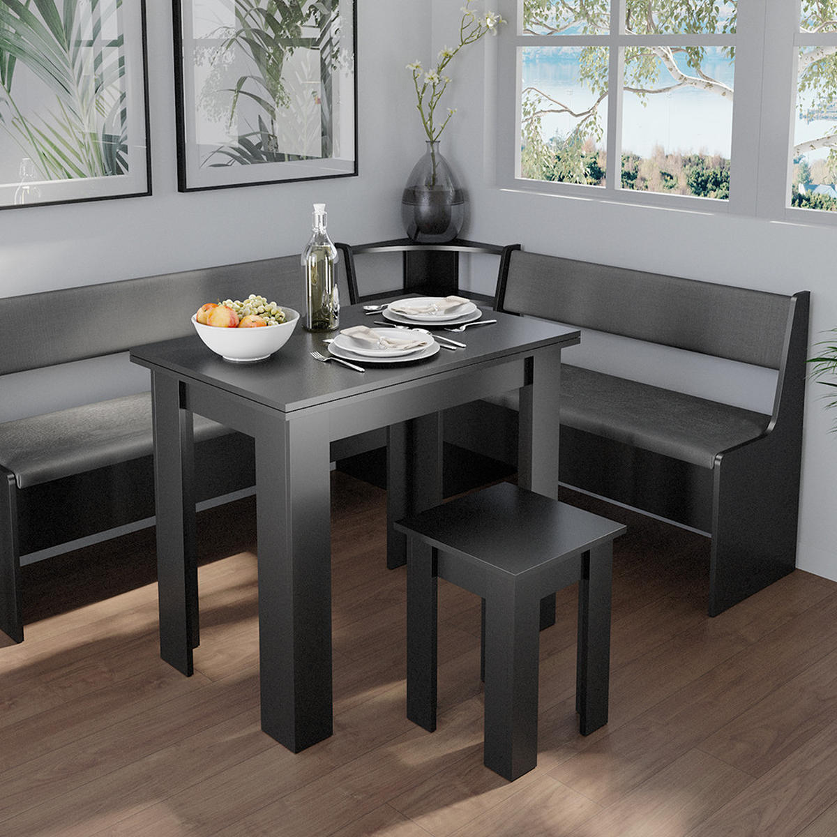 ECKBANKGRUPPE Roman Schwarz 150 x 41.5 cm mit Tisch - Schwarz/Sonoma Eiche, Holzwerkstoff (180/80/150cm) - Vicco