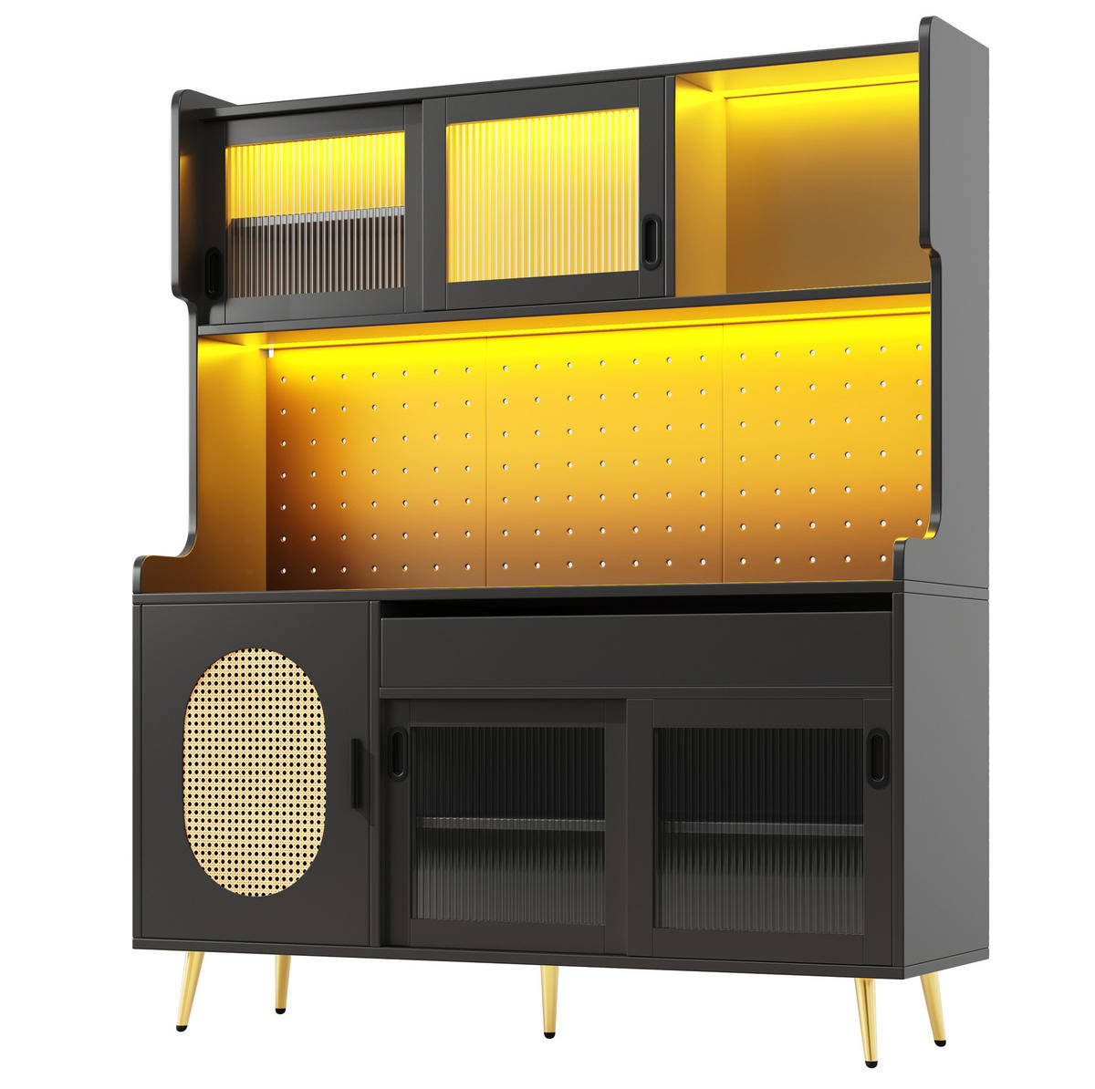 BUFFETSCHRANK 145/39/171 cm mit LED-Lichtleiste, Lochplatte und viel Stauraum aus MDF, Schwarz - Schwarz, Holzwerkstoff (145/171/39cm) - Redom