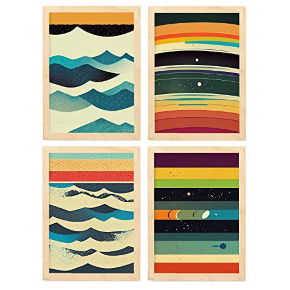 POSTER Set mit 4 Meer Abstrakt Moderne Galaxien A3 Rahmen aus hellem Holz - Beige, Papier (29.7/3cm) - Nacnic