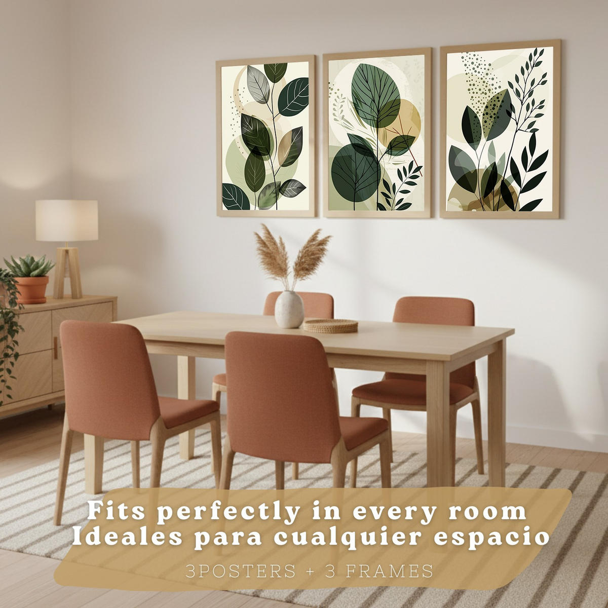 POSTER 3er Kunstdruck-Set Wandbilder Pflanzen Abstrakt modern Wohnzimmer Deko, Schlafzimmer, Küche, Badezimmer Leichter Holzrahmen A4 - Beige, Papier (29.7/1/21cm) - Nacnic