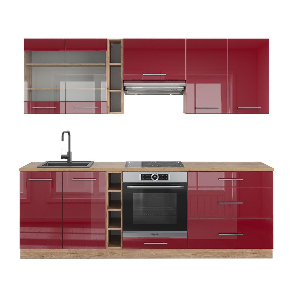 KÜCHENZEILE Fame-Line Bordeaux Hochglanz/Goldkraft Eiche 235 cm ohne AP - Bordeaux/Eiche Wotan, Holzwerkstoff (235/81.6/46cm) - Vicco