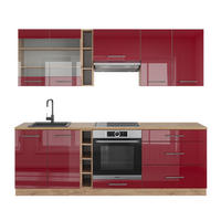 KÜCHENZEILE Fame-Line Bordeaux Hochglanz/Goldkraft Eiche 235 cm ohne AP - Honigeiche/Bordeaux, Holzwerkstoff (235/81.6/46cm) - Vicco