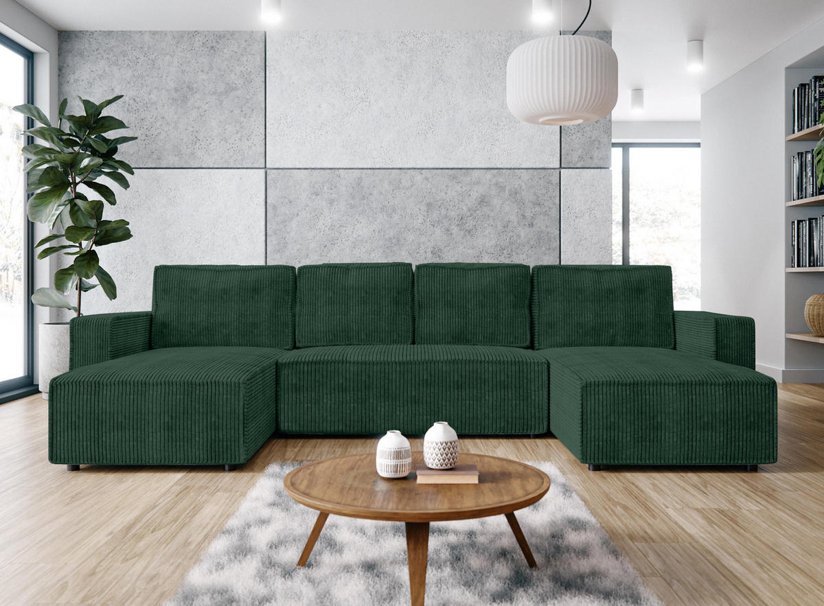 WOHNLANDSCHAFT Aydin U Form Grün 338/169/85 cm Cord mit Schlaffunktion - Dunkelgrün/Schwarz, Kunststoff/Textil (338/85/169cm) - AX Living