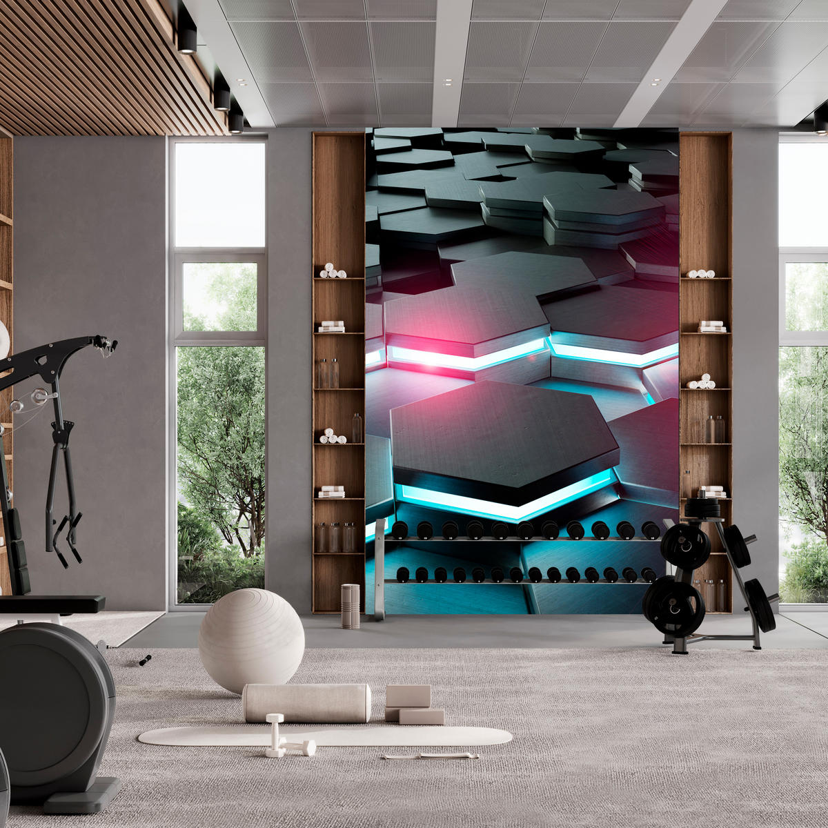 FOTOTAPETE für Büro Schwarz Hexagone Neon Rosa Blau Formen Geometrie 150x105 - Blau/Schwarz, Papier (150/105cm) - Muralo