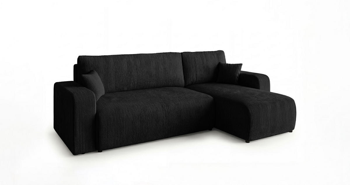ECKSOFA PARIS rechts schwarz Cord Poso 135 - Schlaffunktion, Bettkasten - Schwarz, Textil (255/149cm) - Cornero