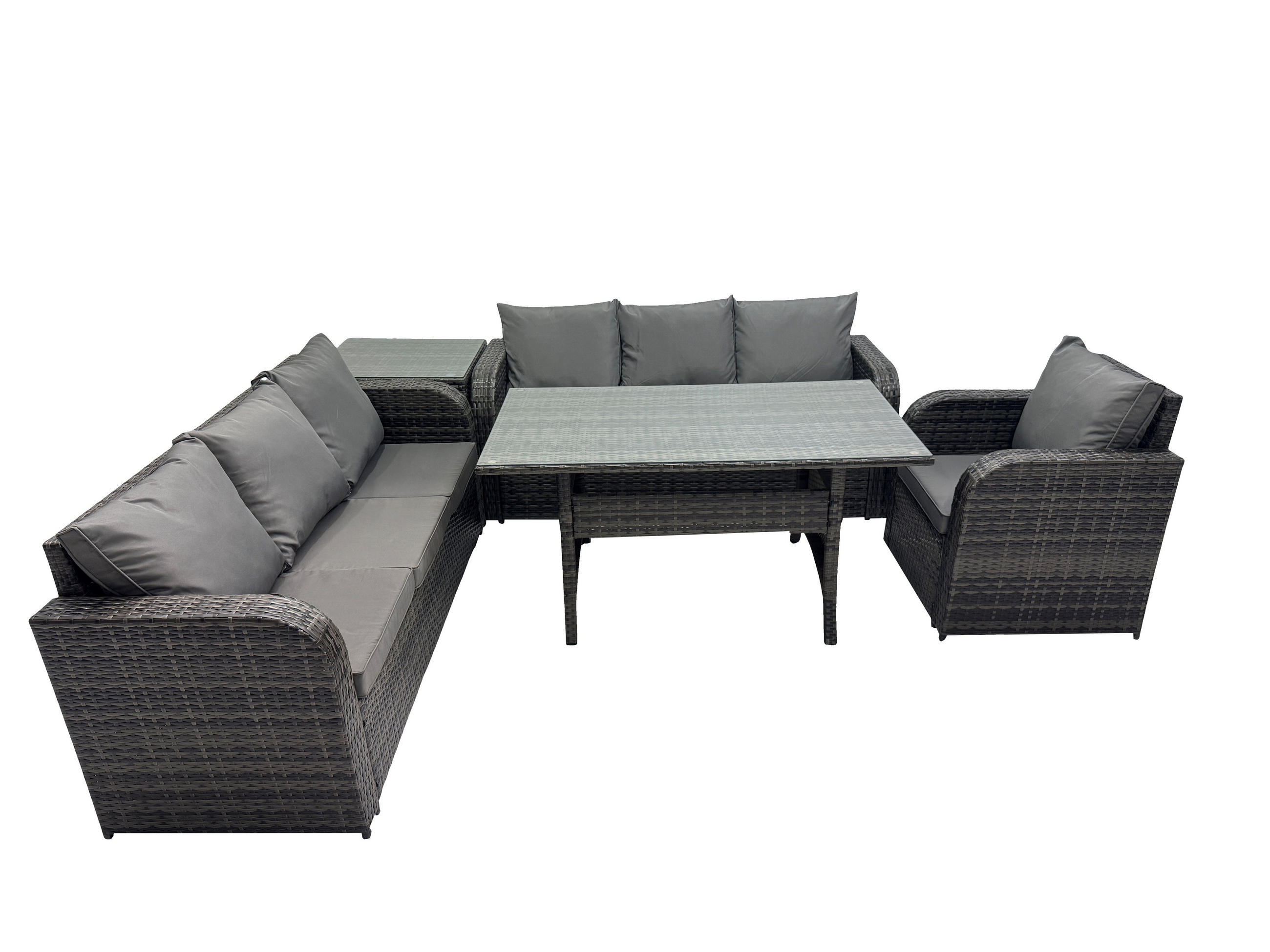 GARTENTISCHGRUPPE mit Beistelltisch Polyrattan Dunkelgrau 7-Sitzer - Dunkelgrau/Grau, Glas/Kunststoff - Fimous