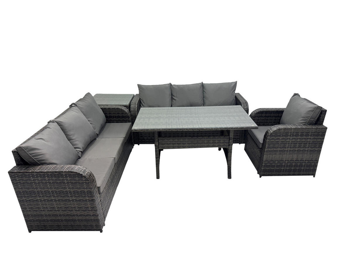 GARTENTISCHGRUPPE mit Beistelltisch Polyrattan Dunkelgrau 7-Sitzer - Dunkelgrau/Grau, Glas/Kunststoff - Fimous