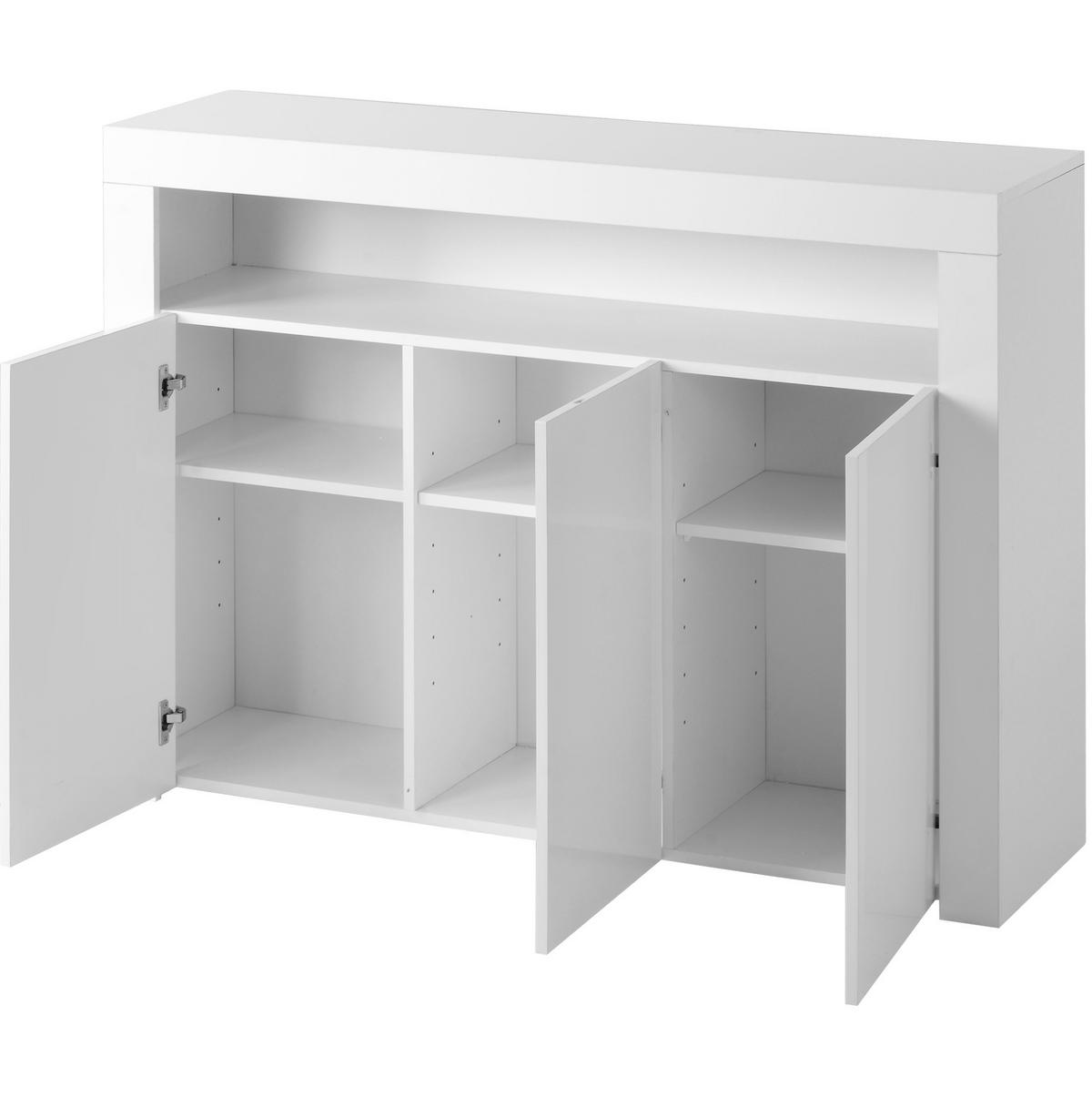 KOMODA z dřevotřísky 130x35x95 cm bílá s LED osvětlením, 3 dvířky a otevřenými policemi ve vysokém lesku - bílá, kompozitní dřevo (130/95/35cm) - Modfu
