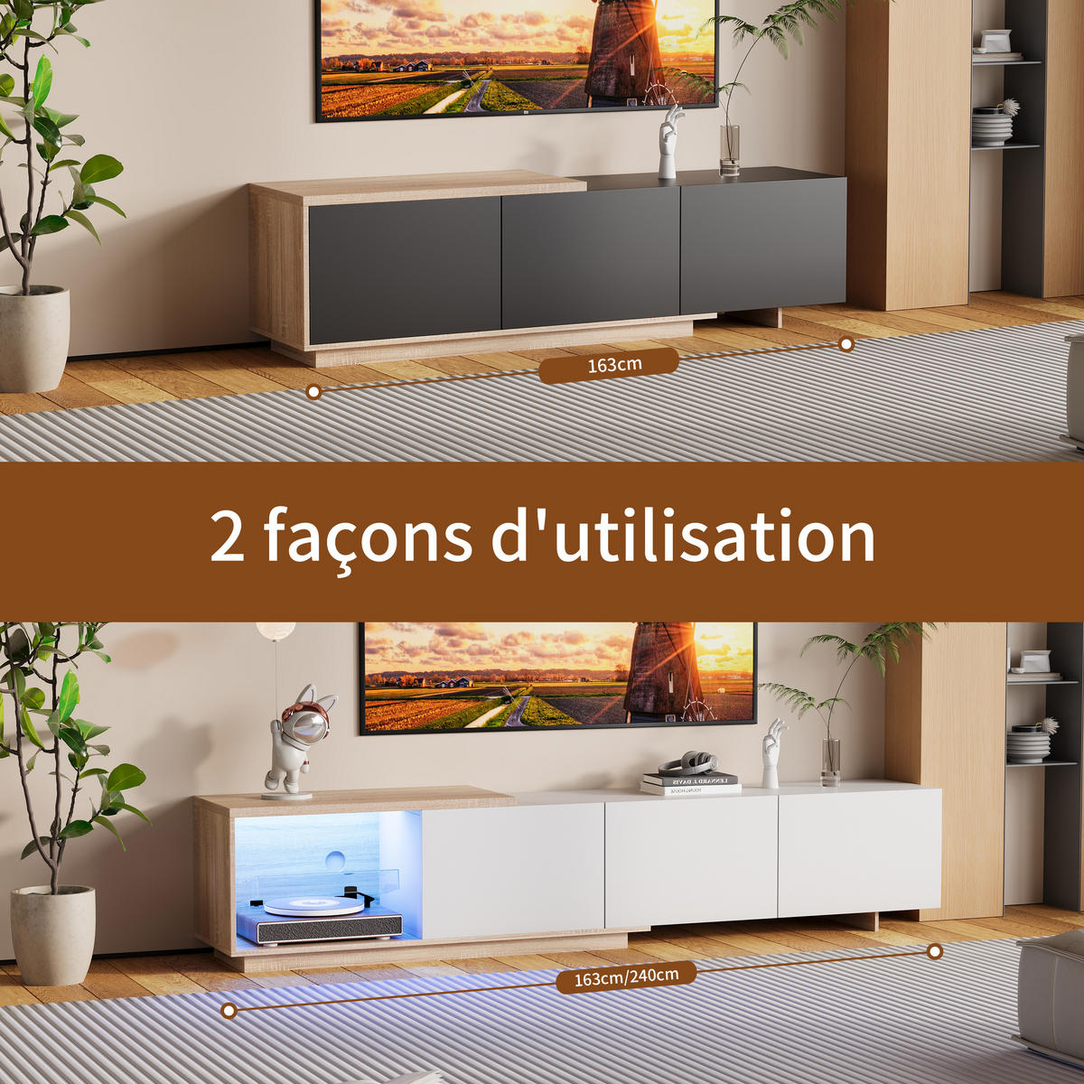 TV-SCHRANK 163–240 cm Ausziehbar LED-Licht Schubladen Stauraum Weiß-Holzoptik - Weiß, Holzwerkstoff (38/44/240cm) - SHOPENTRA