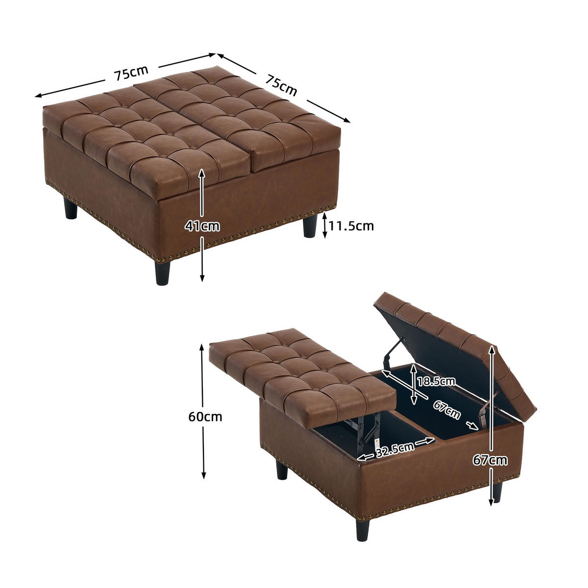 HOCKER Couchtisch,Aufbewahrungsstuhl,höhenverstellbar,PU-Leder,Braun - Braun, Metall (75/41/75cm) - LVHOM