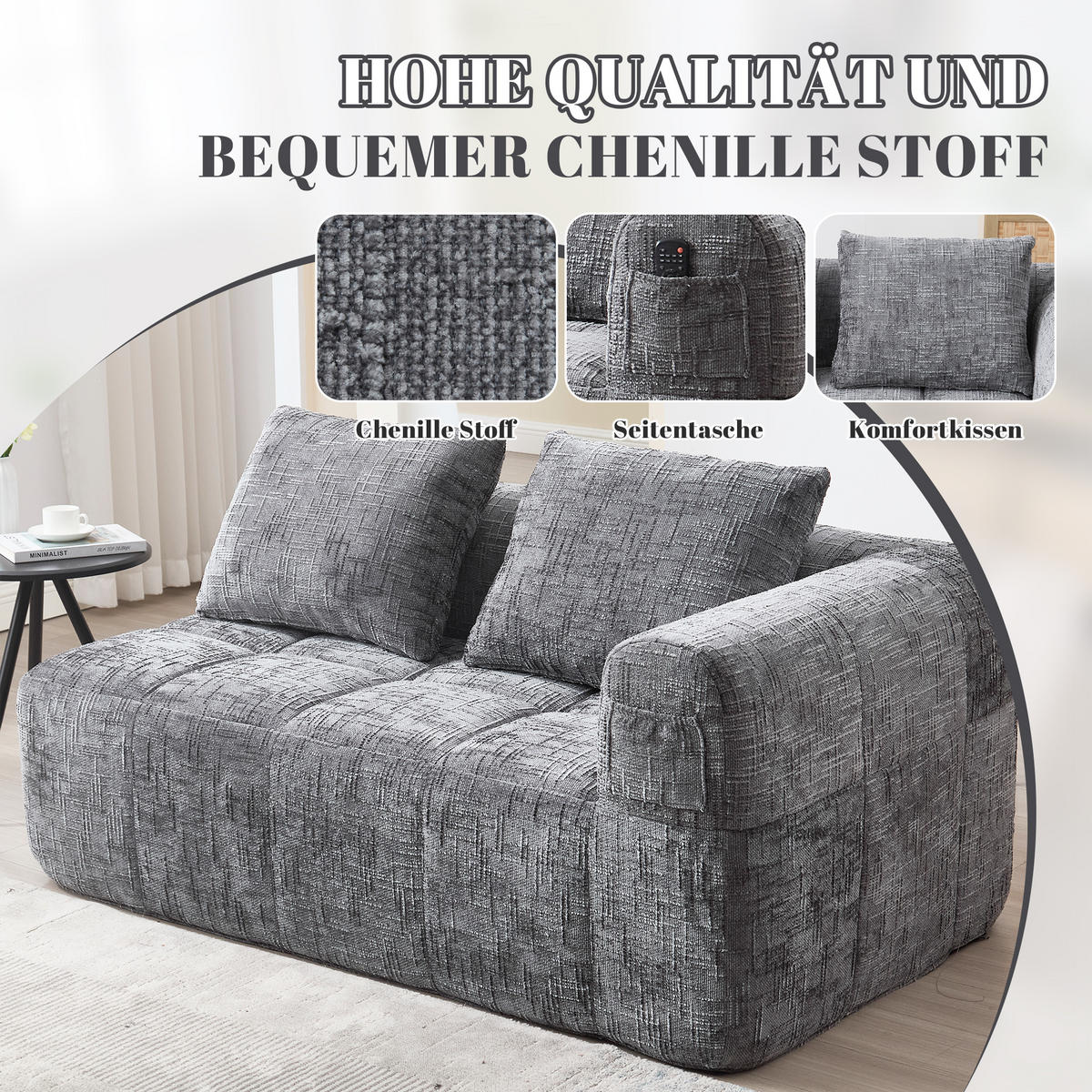 2-SITZER Sofa Chenille mit Chaiselongue und Seitentaschen 158/90/60 cm Grau - Grau, Textil (60/158/90cm) - Redom