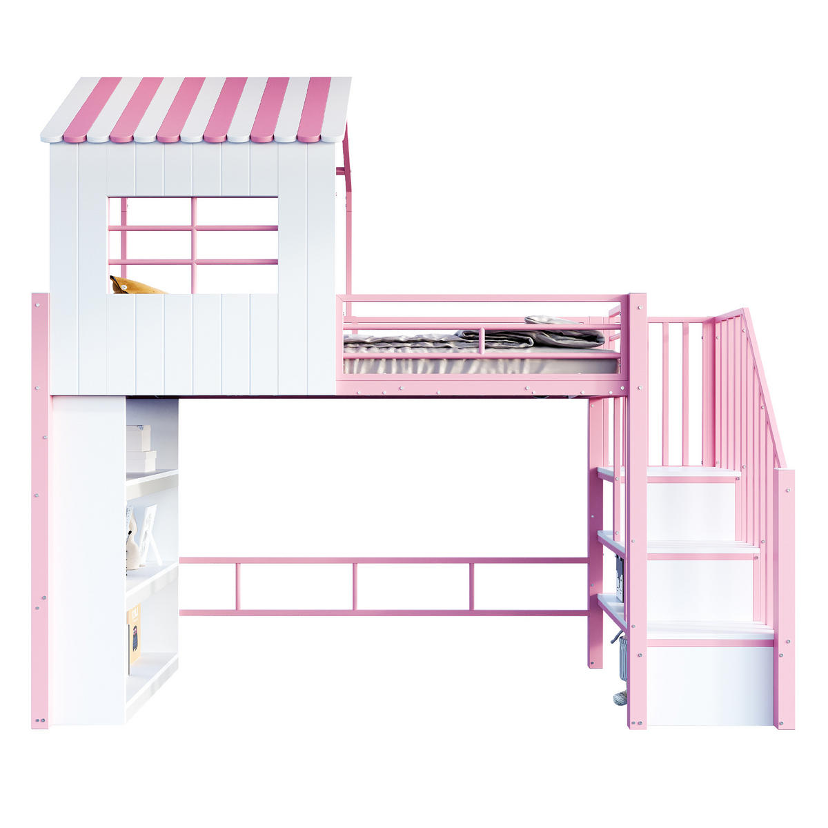 HOCHBETT 90/200 cm DE-01529, in Rosa, mit Hausdesign, Stauraumregal und Sicherheitstreppe - Pink, Metall (90/200cm) - ComfortXL