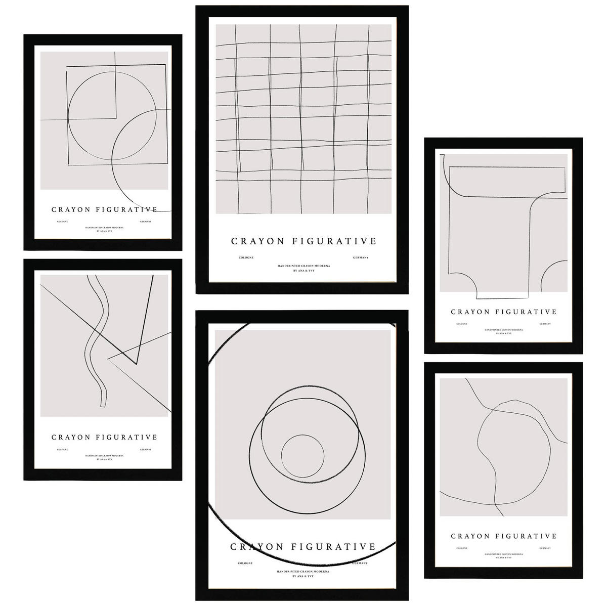 POSTER Set Mit 6 Figurative Kunst – Eine Linie – Braun & Schwarz A3 & A4 Schwarzer Rahmen - Schwarz, Papier (29/3cm) - Nacnic