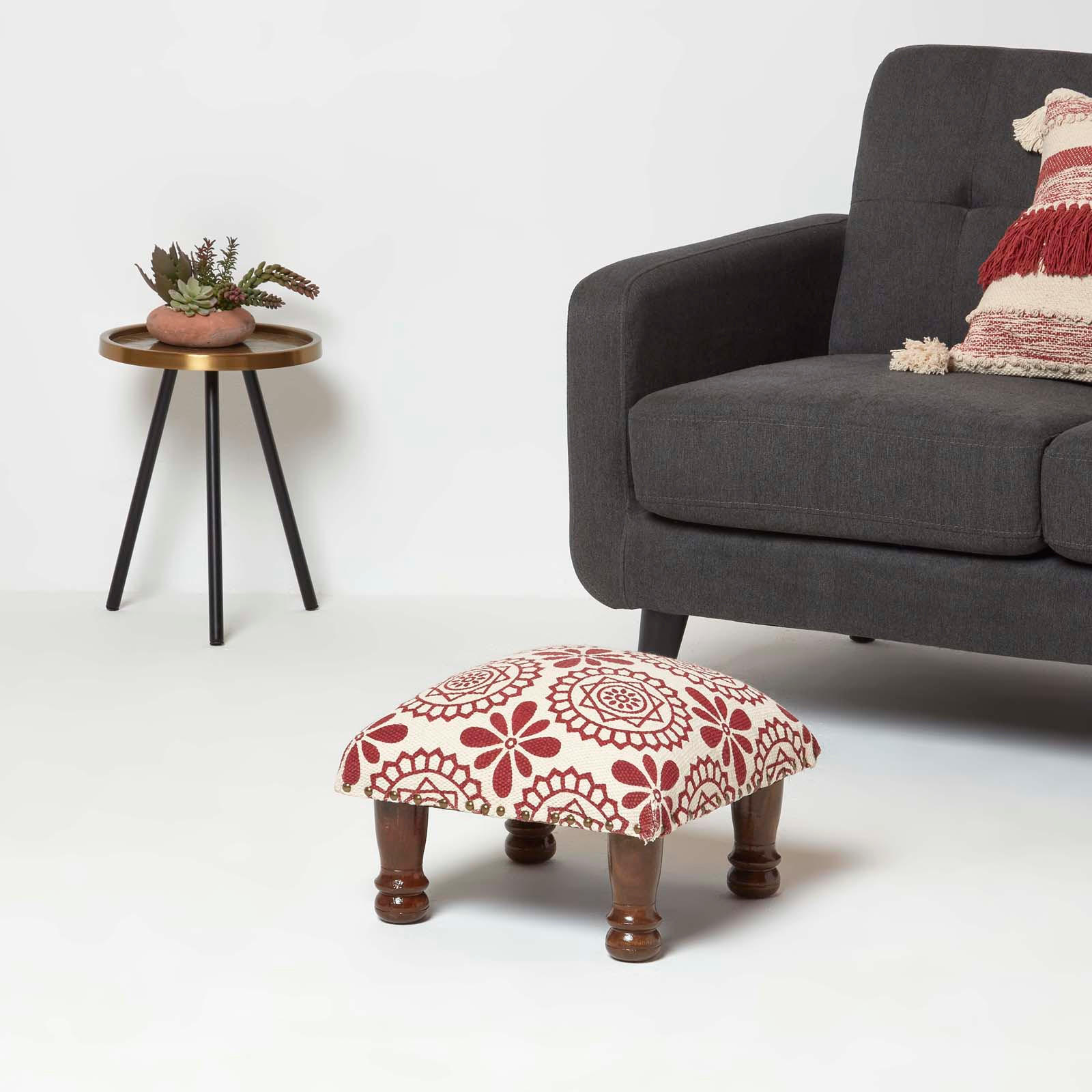 HOCKER Cassia mit Holzbeinen, rot-weiß gemustert, 40/40/25 cm - Rot, Textil (40/25/40cm) - Homescapes