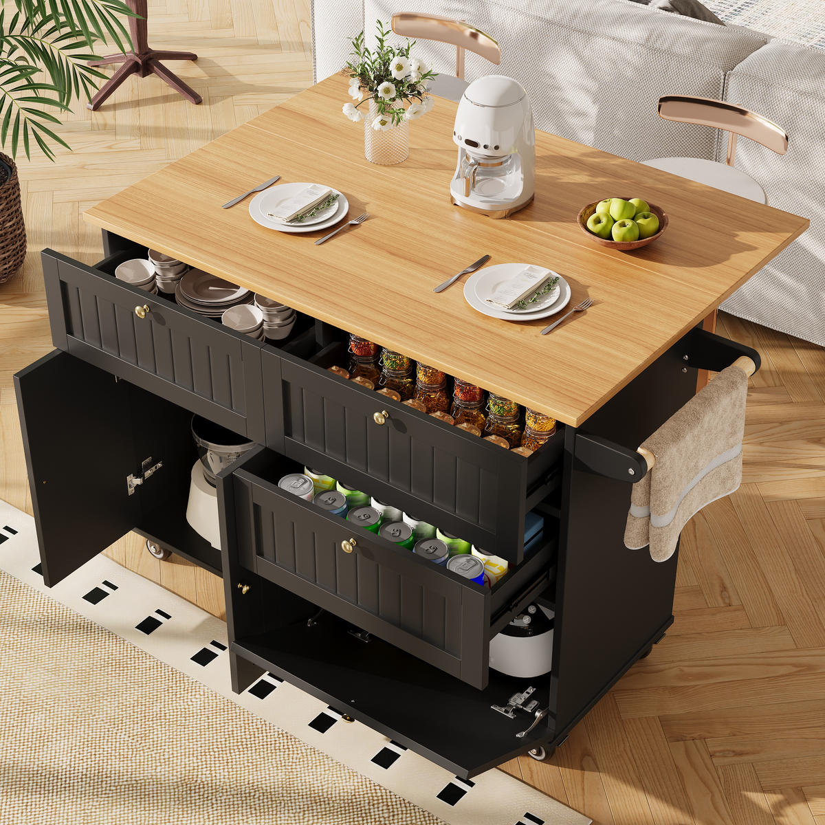 KÜCHENINSEL 133/70/88 cm Schwarz mit Klappfunktion, 3D-Türen und 360° Rollen - Schwarz, Holz/Holzwerkstoff (133/88/70cm) - Oxeza