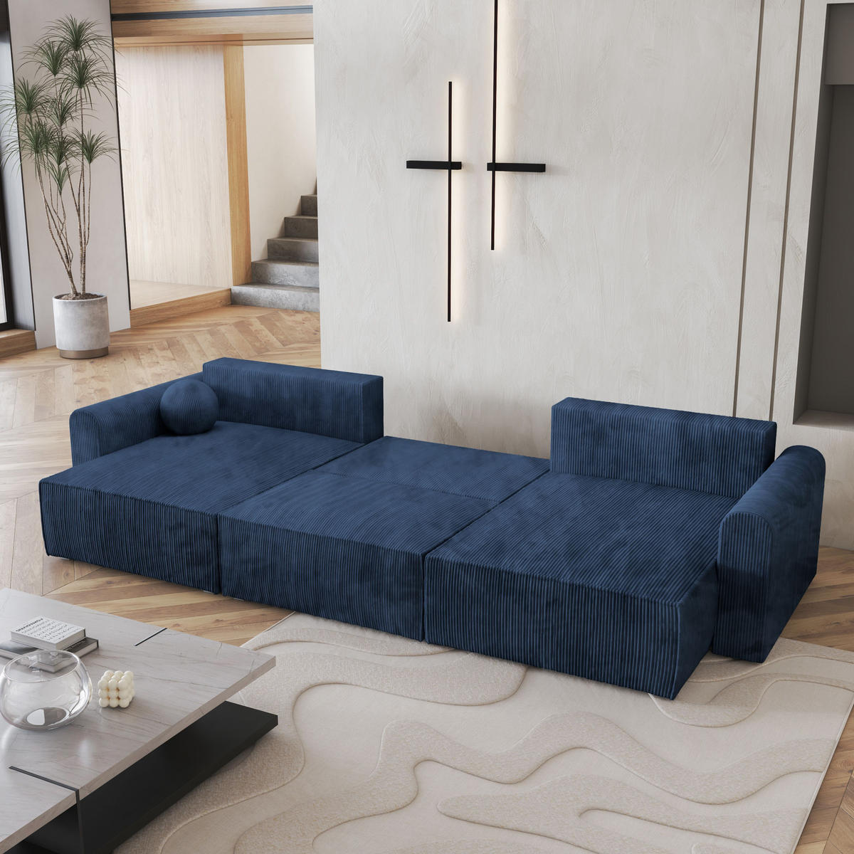 WOHNLANDSCHAFT FENTO P Blau Kordstoff mit Schlaffunktion - Blau, Holz (347/90/148cm) - MASSENO