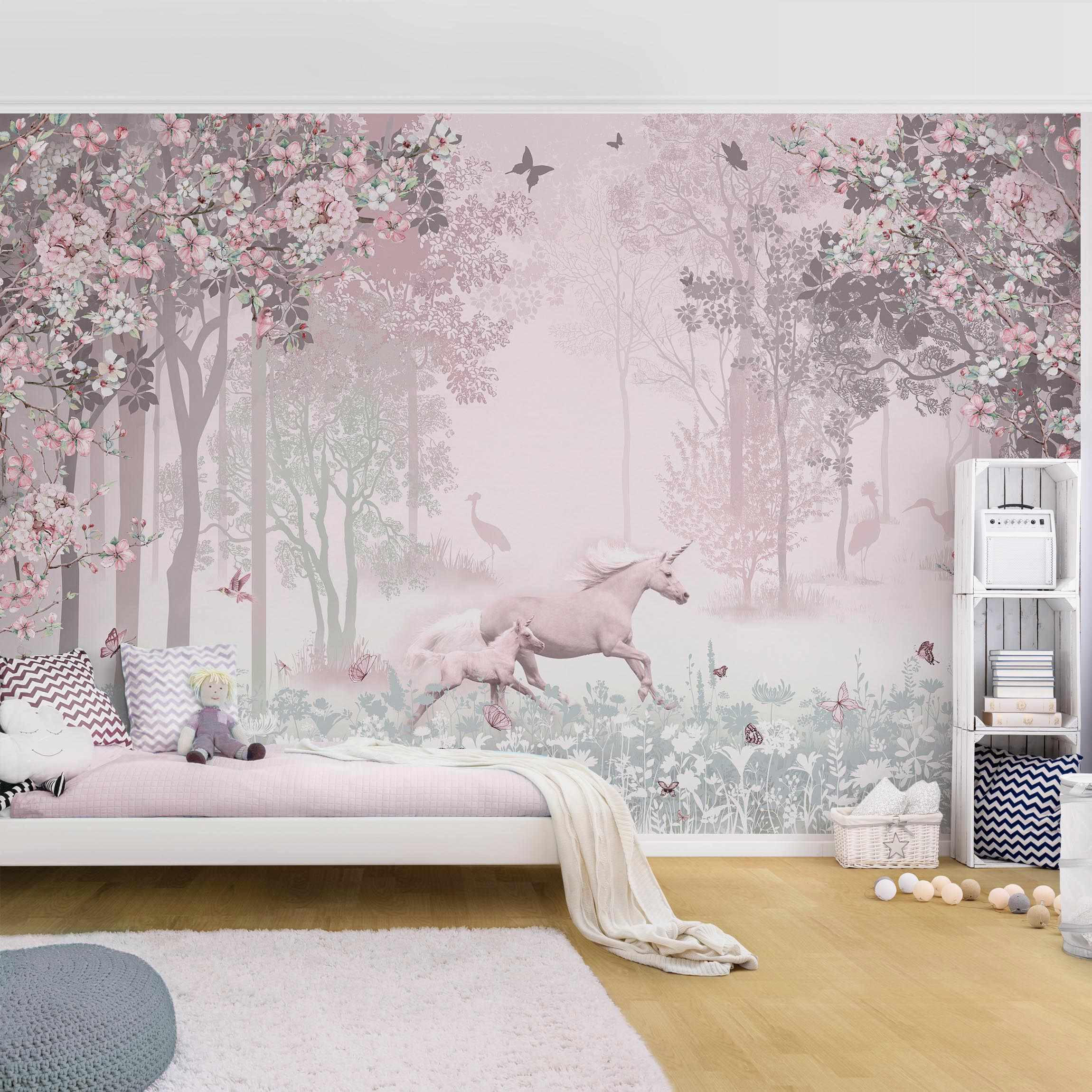 FOTOTAPETE Einhorn auf Blumenwiese in Rosa 384/255 cm - Rosa, Papier (384/255cm) - Bilderwelten