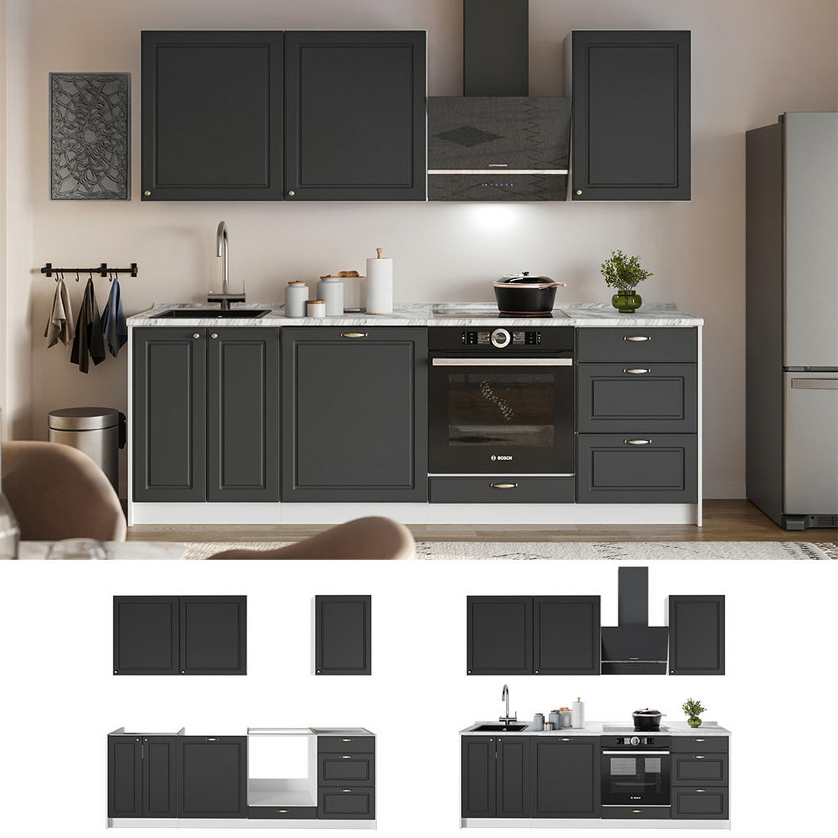 KUCHYNKA Fame-Line, Antracitovo-zlatý vidiecky dom/biely, 230 cm, AP Marble - biela/antracitová, kompozitné drevo (230/82/60cm) - Vicco