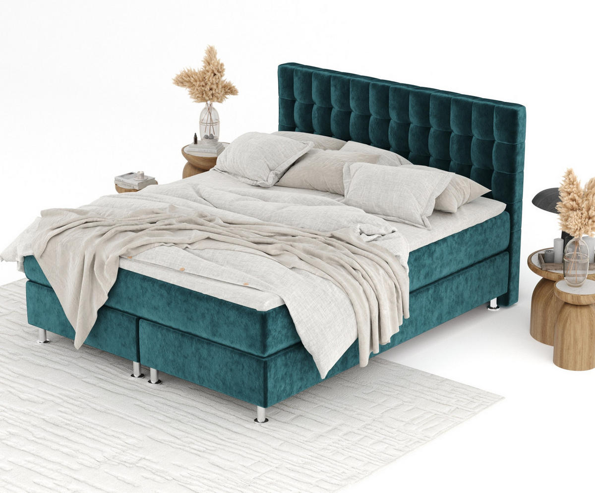 BOXSPRINGBETT Sorrento Türkisfarben 140/200 cm mit Latex-Topper - Türkis/Silberfarben, Holz/Holzwerkstoff (140/200cm) - Maison de Reve