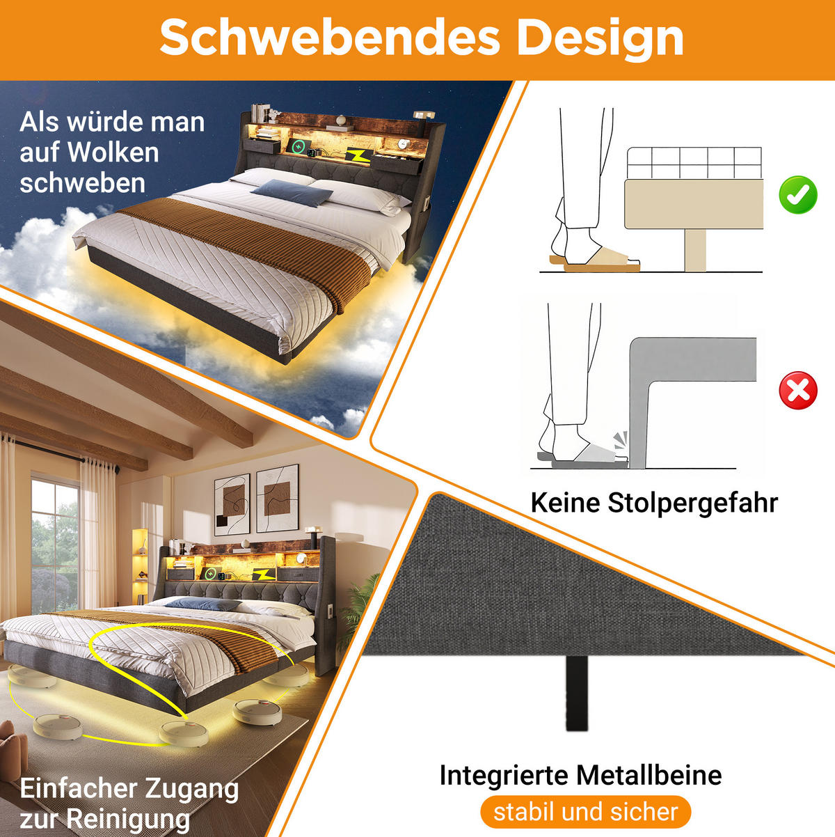 POLSTERBETT 160/200 cm Grau aus Leinen mit LED-Beleuchtung - Grau, Textil (160/200cm) - OKMYHOME