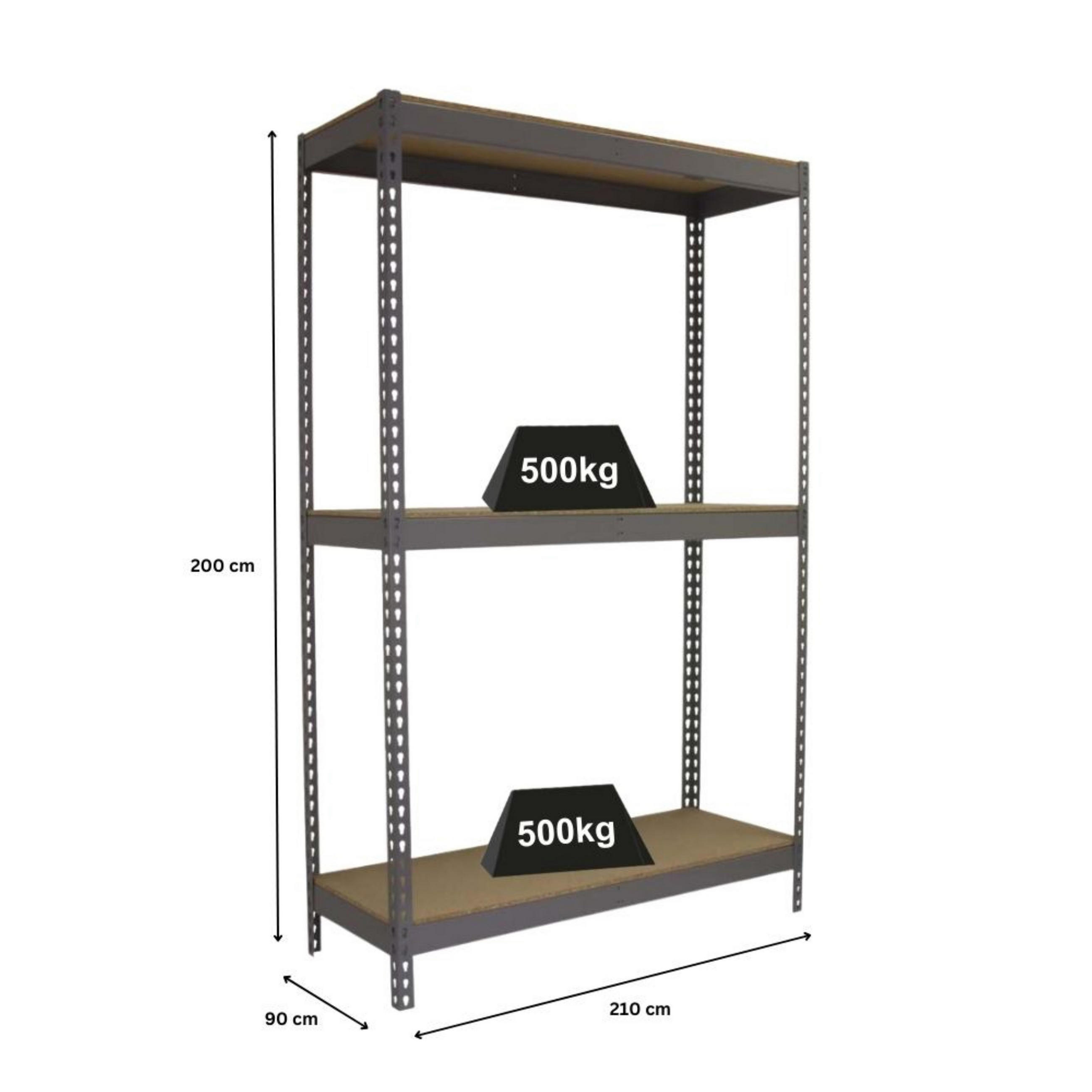 SCHWERLASTREGAL Wood Beast Three HxBxT 200 x 210 x 90 cm 3 Ebenen Fachlast 500 kg Grau - Grau, Metall (210/200/90cm) - PROREGAL