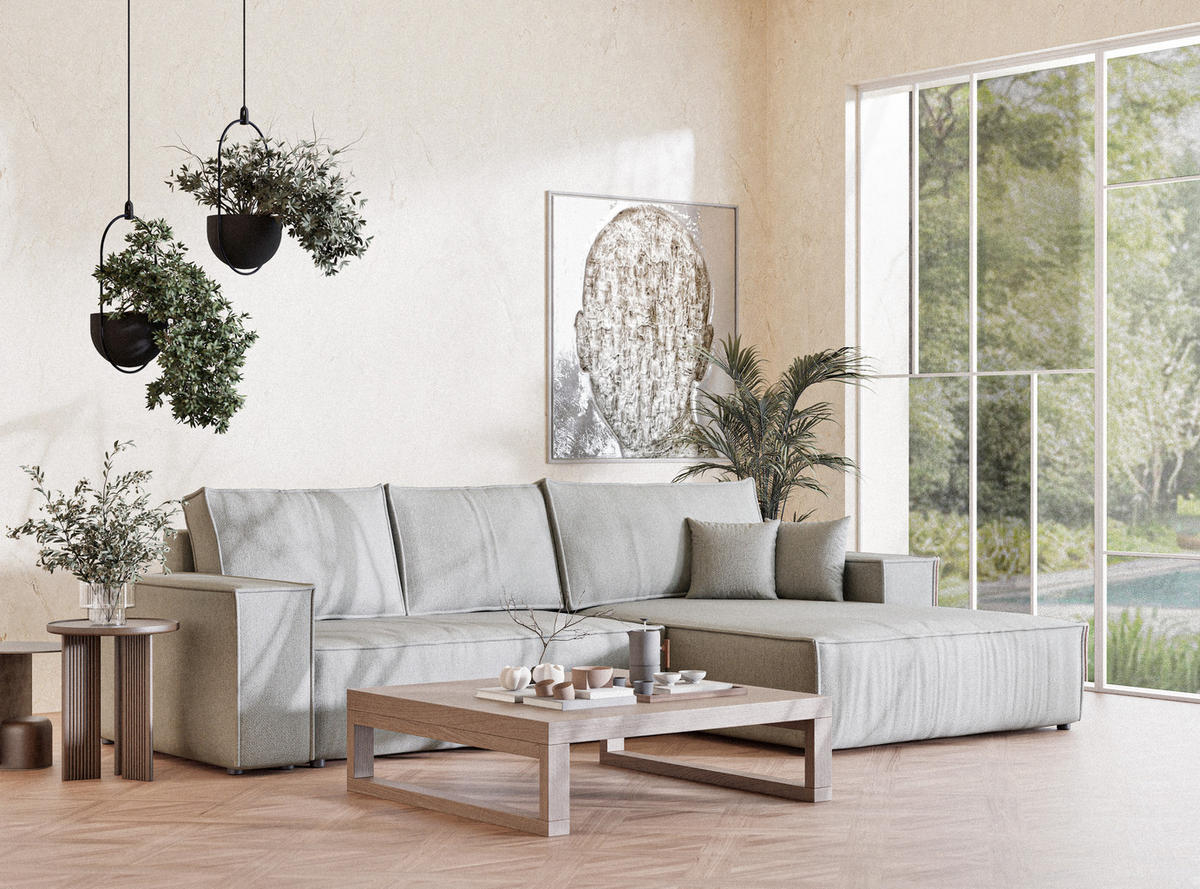 ECKSOFA MIT SCHLAFFUNKTION Maze Hellgrau Webstoff - Hellgrau/Schwarz, Holz/Holzwerkstoff (294/185cm) - Maison de Reve