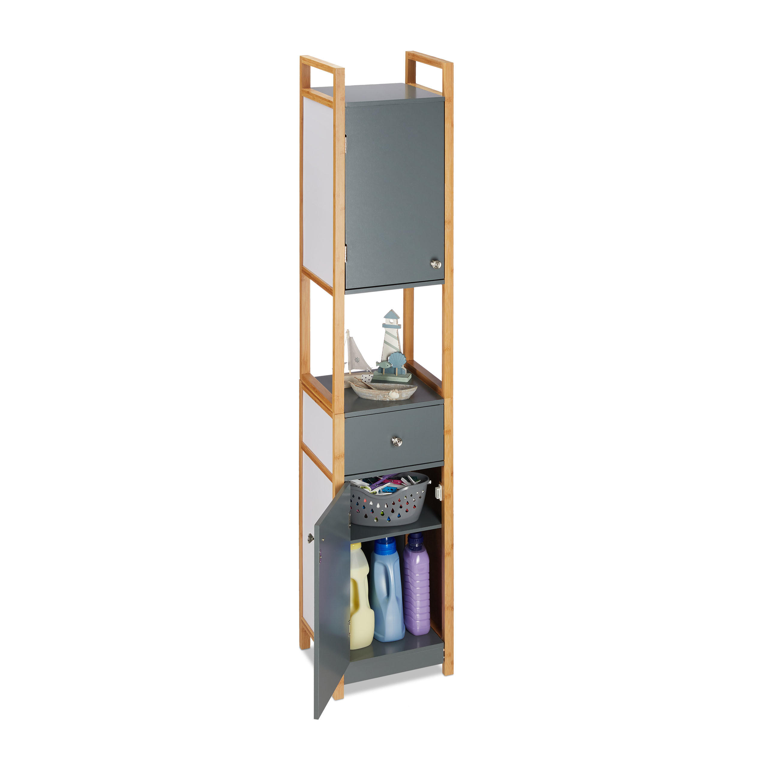 HÖGSKÅP badrum mörkgrå vit bambu MDF 2 dörrar 1 låda Multicolor 165/31.5/29 cm
