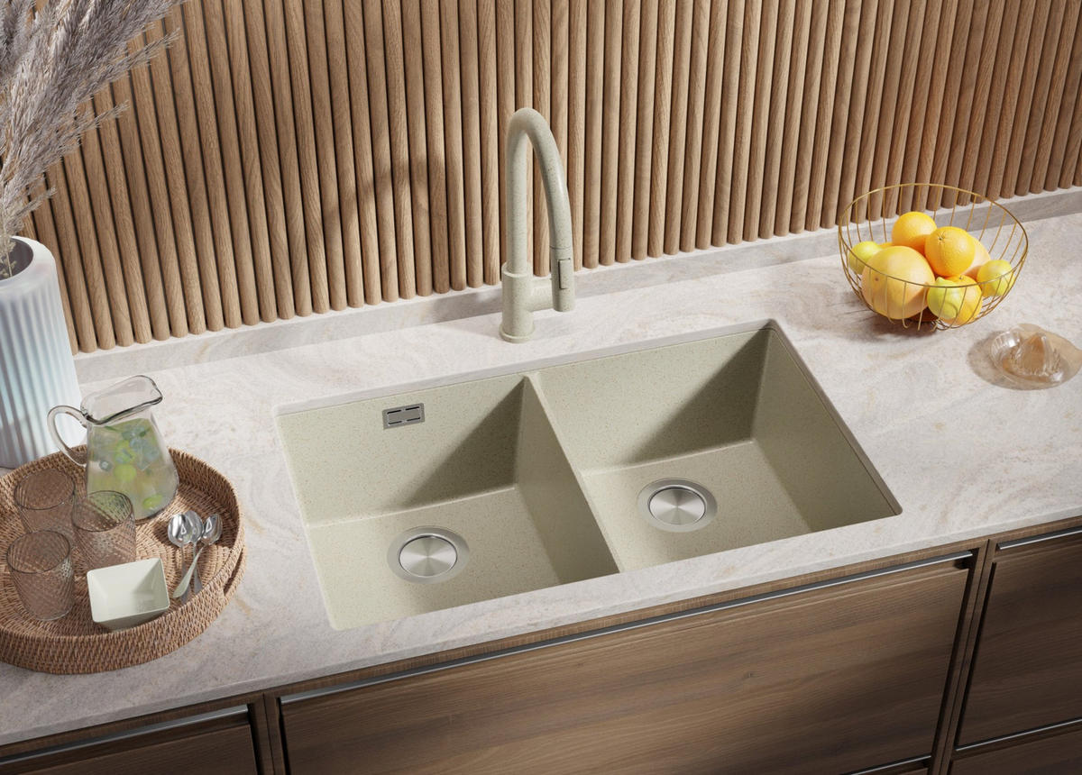 UNTERBAUSPÜLE GRANIT London Twin, 2-er set Beige 76/47 cm 2 Becken + Küchenarmatur 40/20 cm + Ablauf-Set ab 80er Unterschrank - Chromfarben/Beige, Kunststoff (76/20/47cm) - Primagran