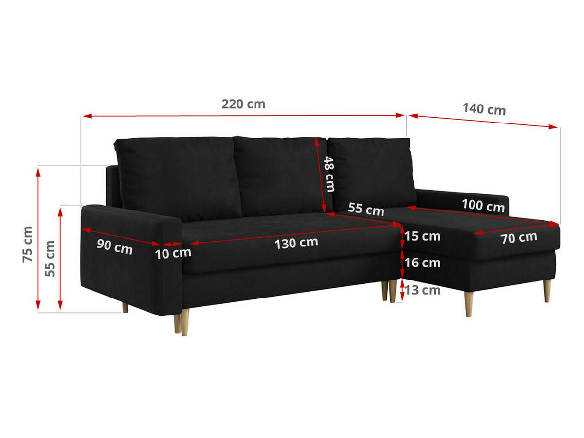 ECKSOFA Lang Velvet Schwarz - Schwarz/Braun, Holz/Textil (220/140cm) - MKS