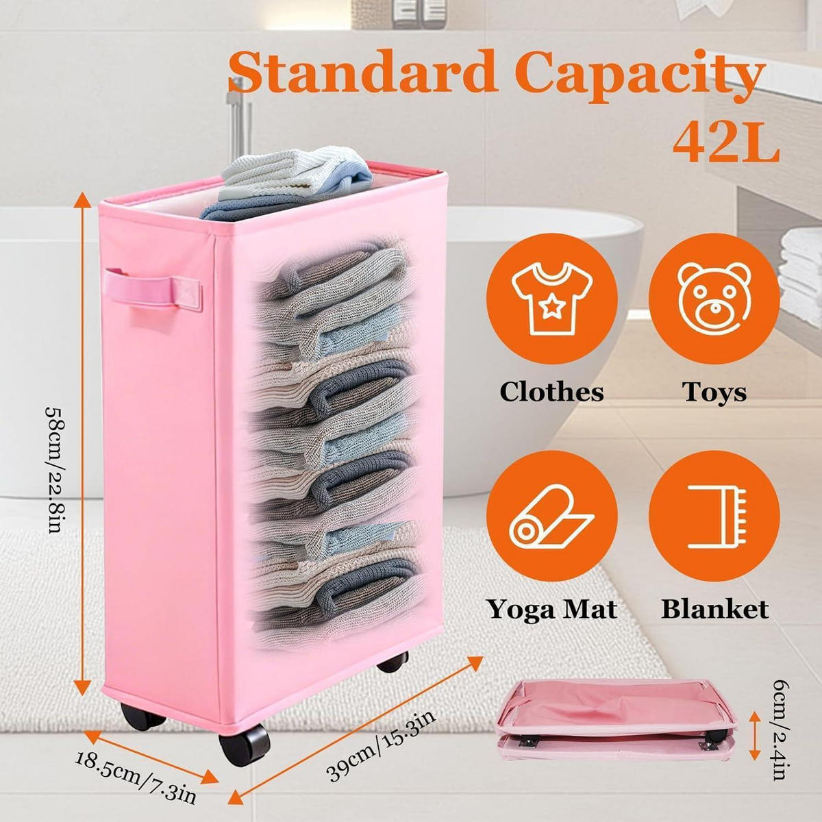 WÄSCHEKORB schmal mit Rollen 42L Rosa - Rosa, Textil (18.5/58/39cm)