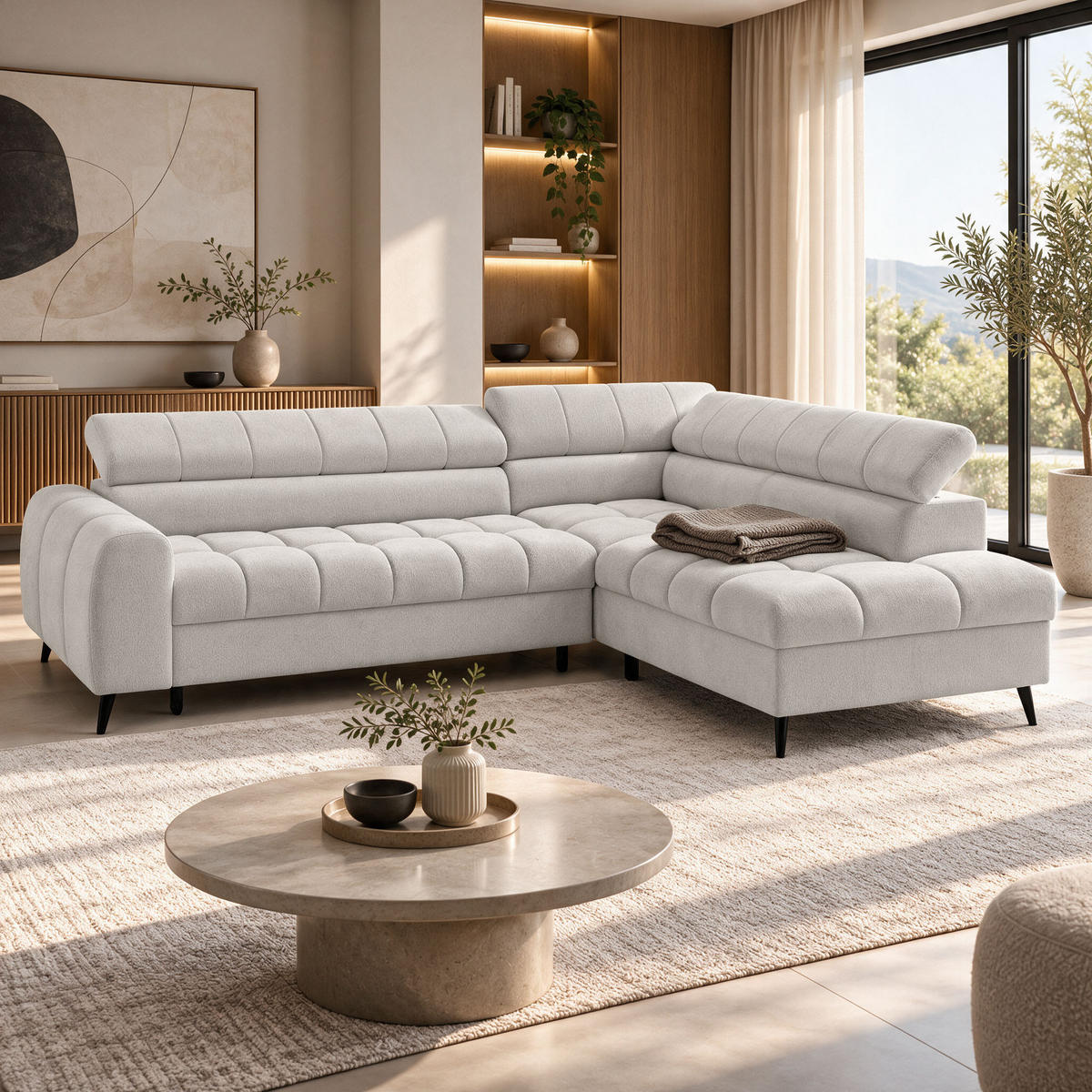 ECKSCHLAFSOFA Vinni Beige, Chenille-Stoff, rechts - Beige, Textil (265/205cm) - Beautysofa
