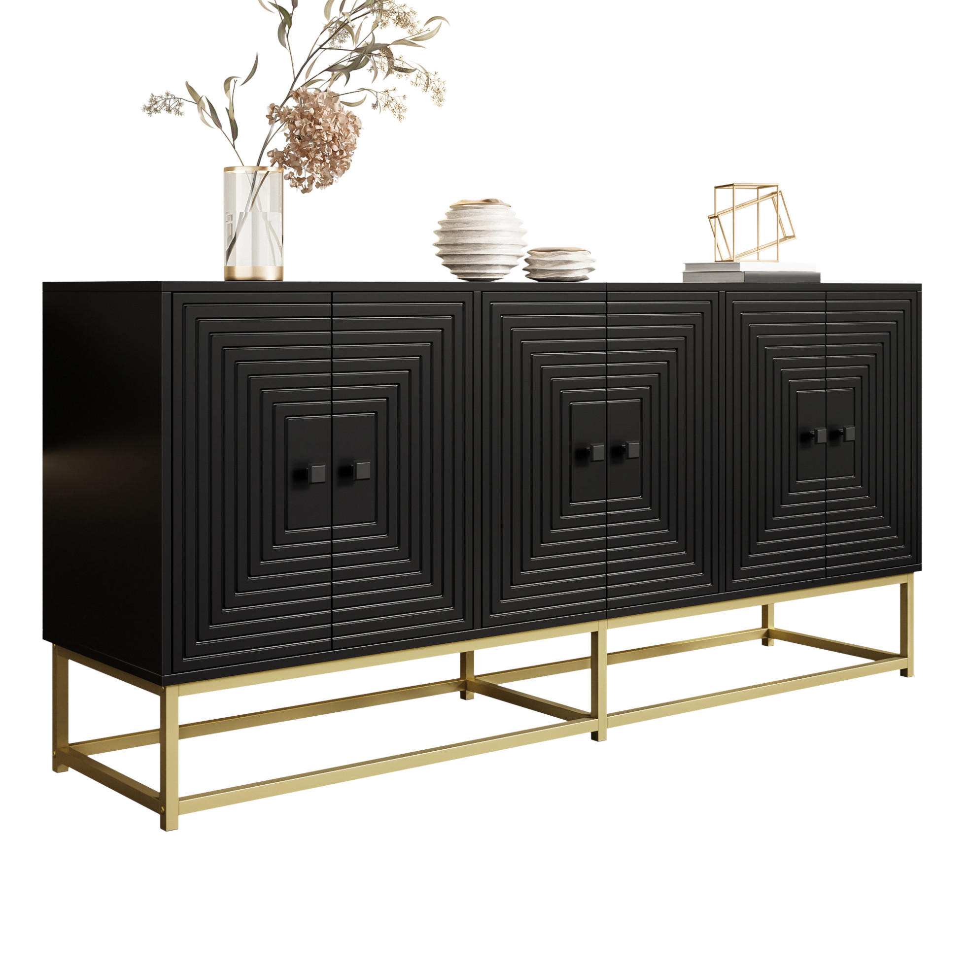 KOMMODE 160/38/75,5 cm aus Spanplatte mit 3 Doppeltürfächern Schwarz - Schwarz, Holzwerkstoff (160/75.5/38cm) - Modenvie