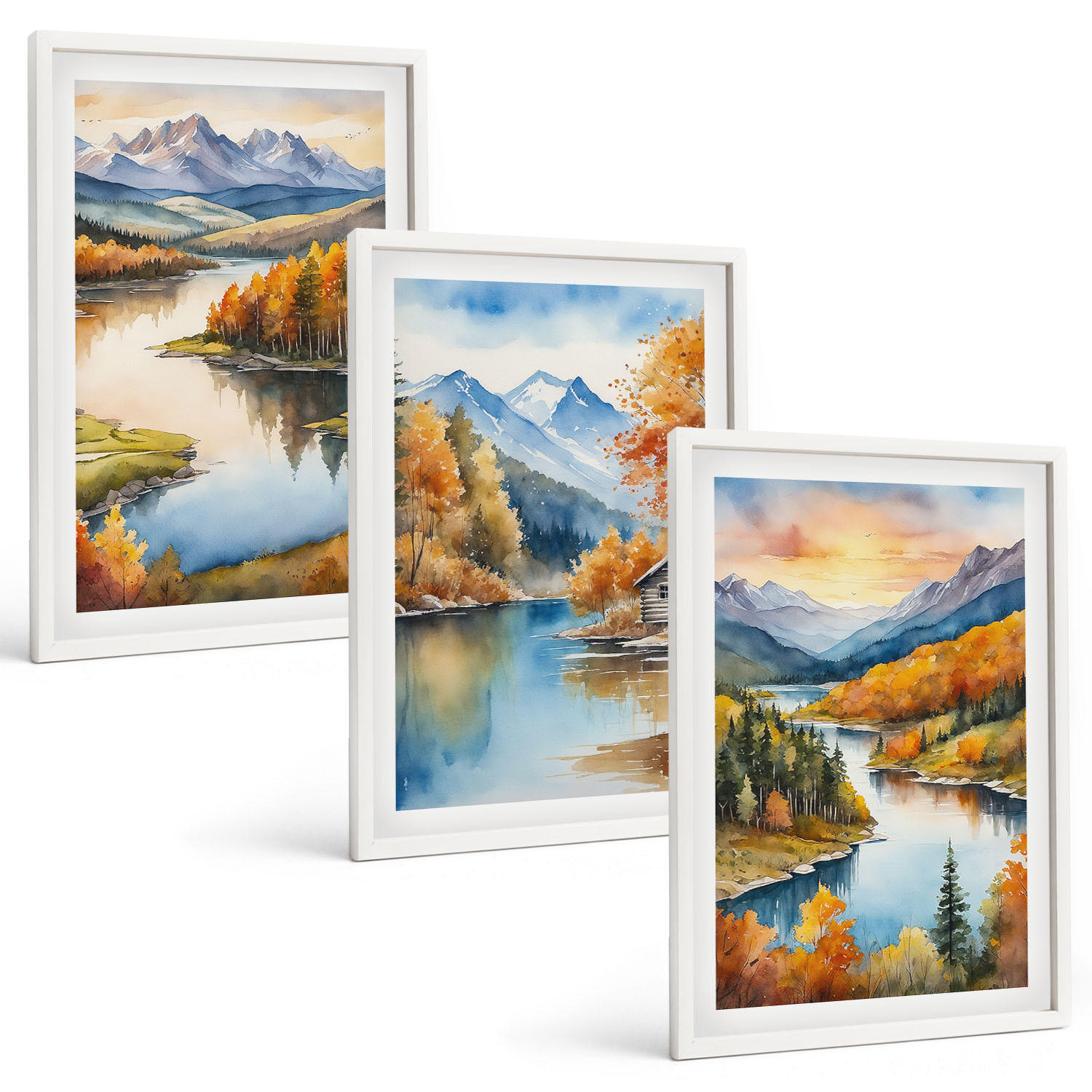 BILDER SET 3er Set - 40x60 cm Weißer Rahmen - Herbstliche Berglandschaften - Weiß, Kunststoff (40/60cm) - TULUP