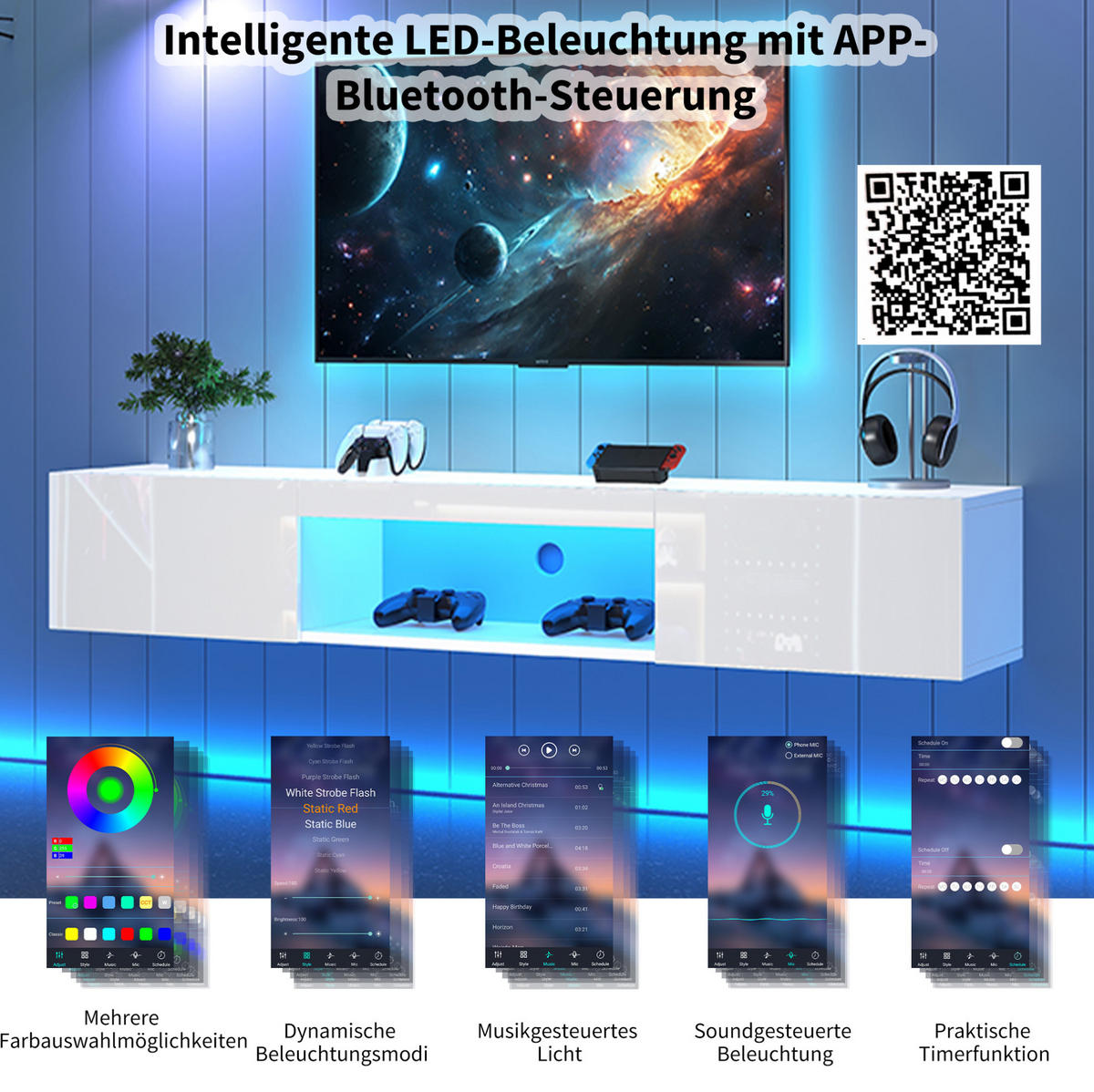 STENSKA TV omarica 160/31/22 cm z LED osvetlitvijo, upravljanjem prek Bluetootha in visokim sijajem, Bela - bela, leseni material (160/22/31cm) - Redom