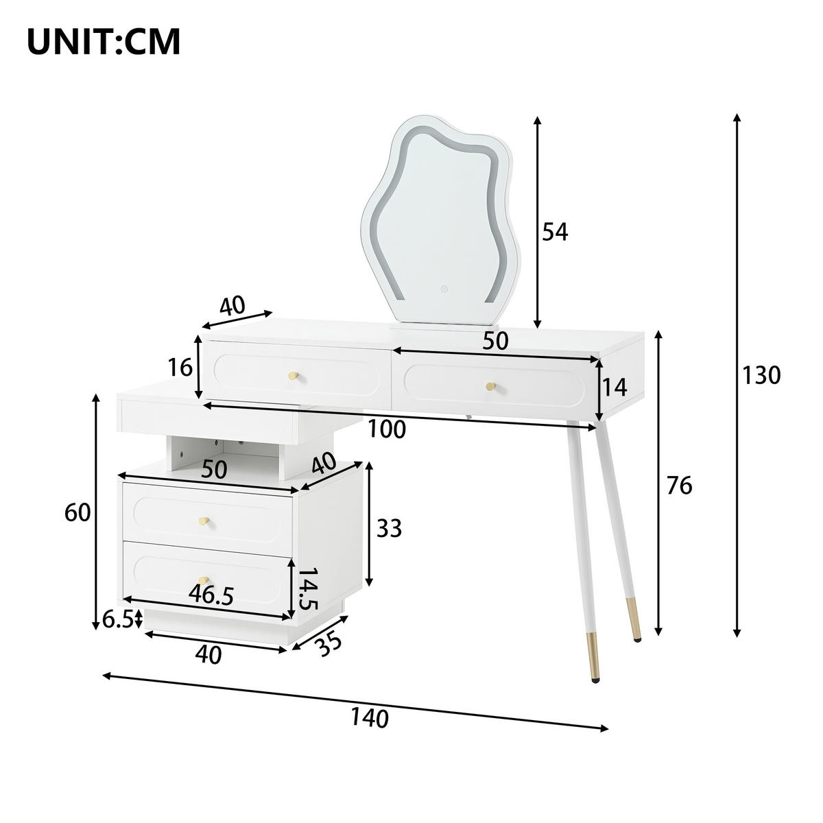 SCHMINKTISCH in Weiß Frisiertisch mit LED-Spiegel, 4 Schubladen & offenem Fach, für Schlafzimmer und Ankleidezimmer, B140/T40/H130cm - Weiß, Holzwerkstoff/Metall (140/130/40cm) - STILVORA