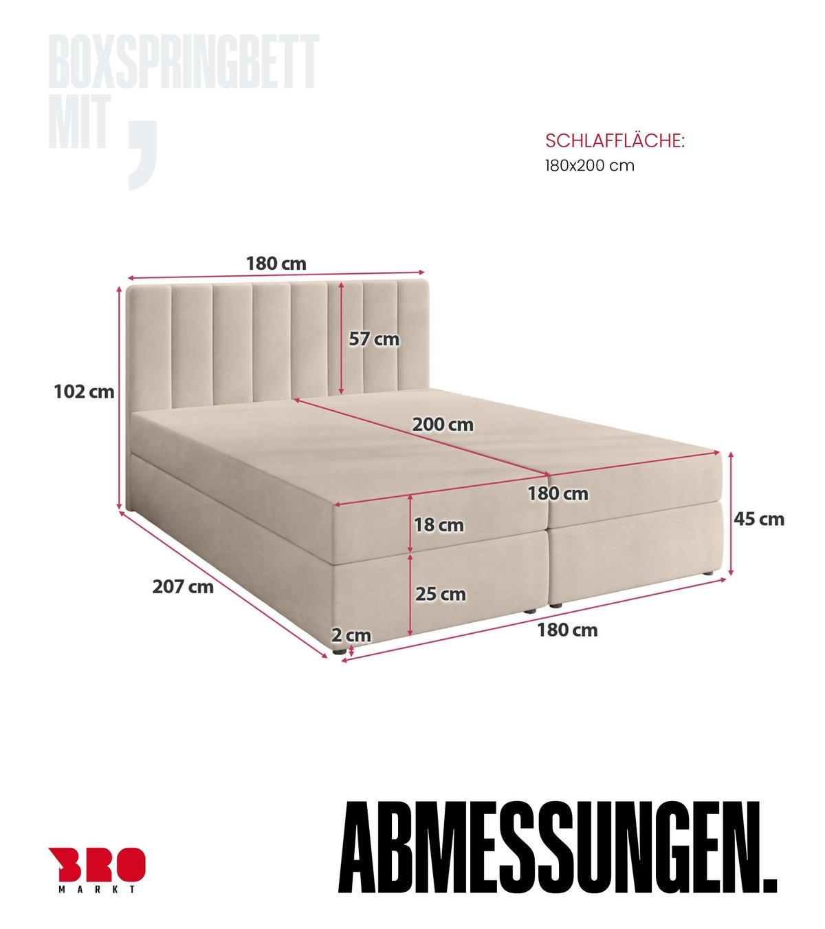 BOXBETT DENVER mit Topper 180x200 Beige - Ecru, Textil (180/200cm) - Bromarkt