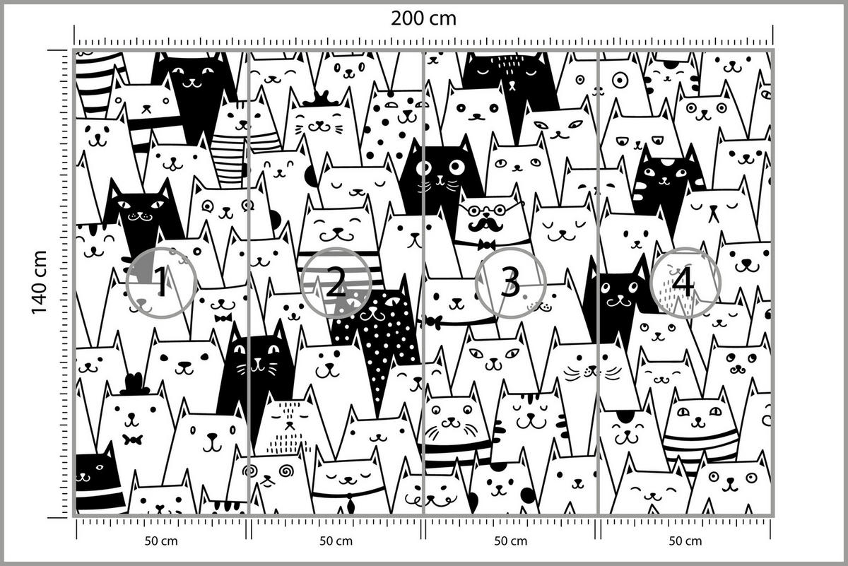 FOTOTAPETE für Kinderzimmer Schwarze Weiße Comic Katzen 200x140 - Schwarz/Weiß, Papier (200/140cm) - Muralo