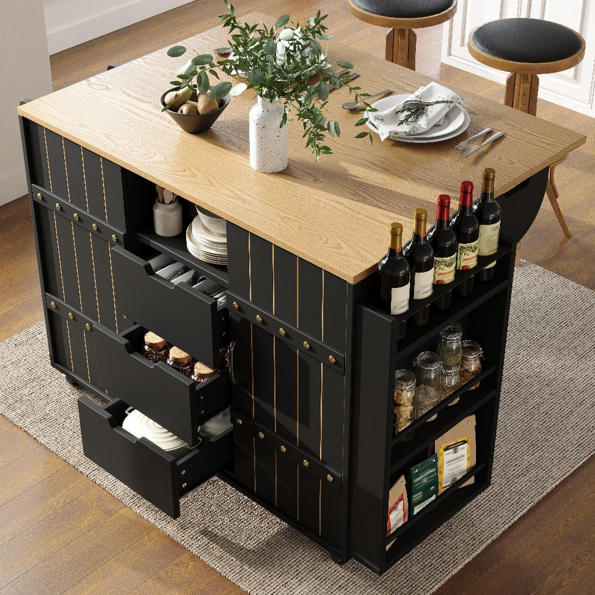 KÜCHENINSEL auf Rollen mit Schiebetüren und Arbeitsplatte, Schwarz-Holzmaserung, 110/42/90 cm - Schwarz, Kunststoff (42/90/110cm) - Rolipo