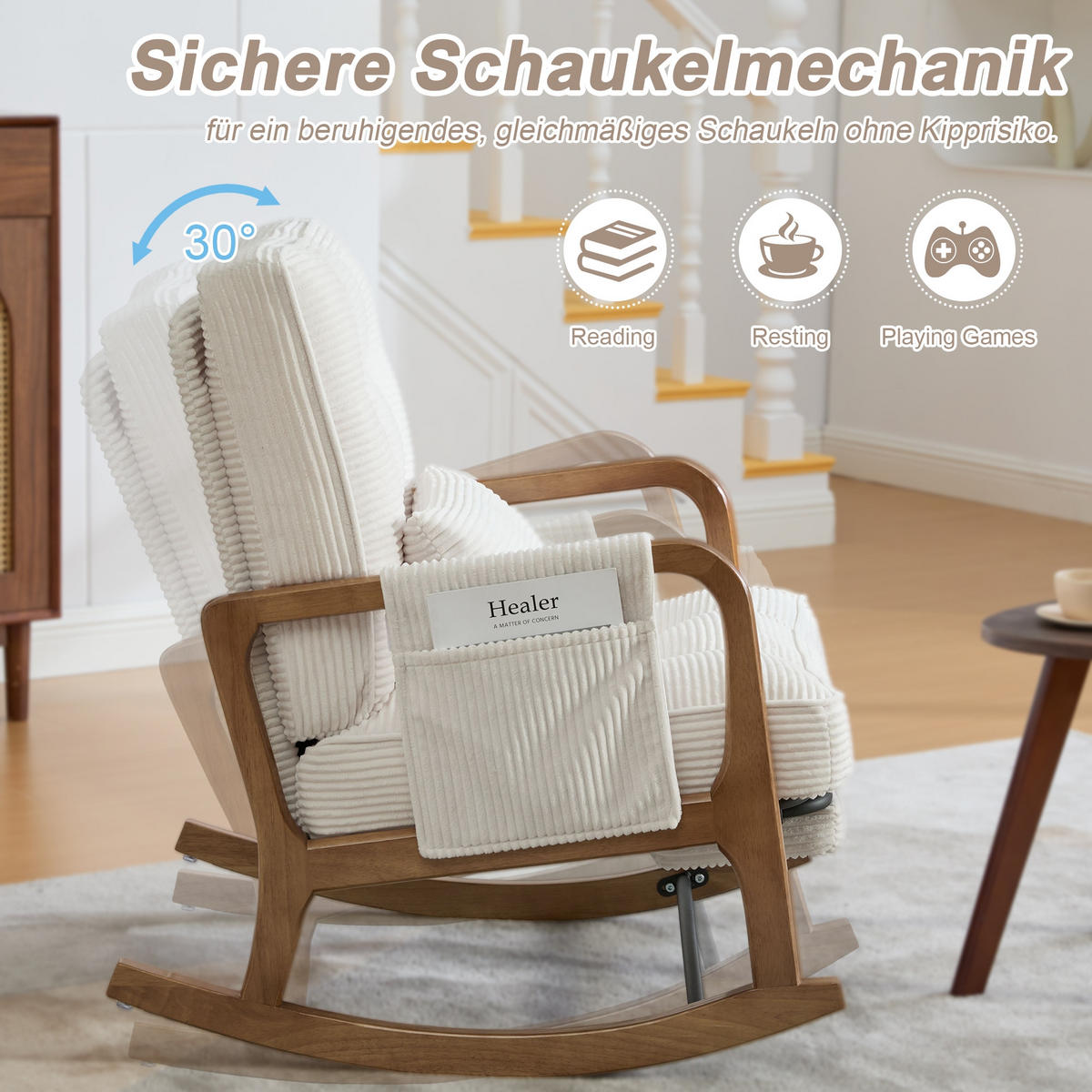 SCHAUKELSTUHL Beige Cord mit Fußstütze, Seitentaschen und verstellbarer Lehne - Beige, Textil (80/92/70cm) - Oxeza
