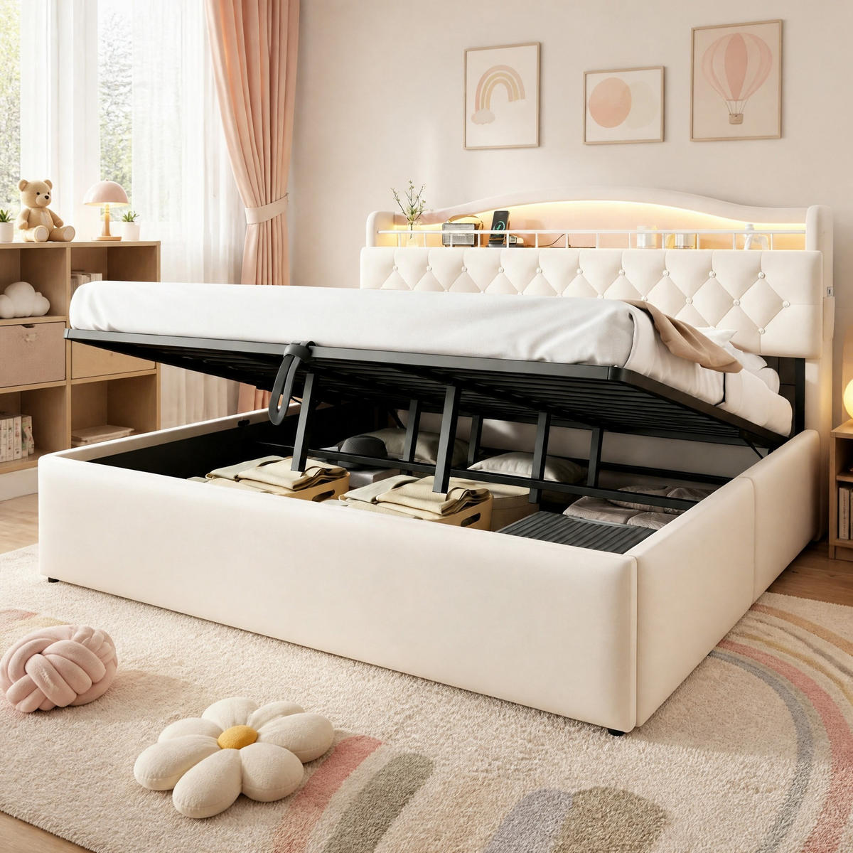POLSTERBETT 180x200 cm in Beige mit LED-Kopfteil, USB-/USB-C-Anschlüssen und Bettkasten - Beige, Textil (180/200cm) - IVMEU
