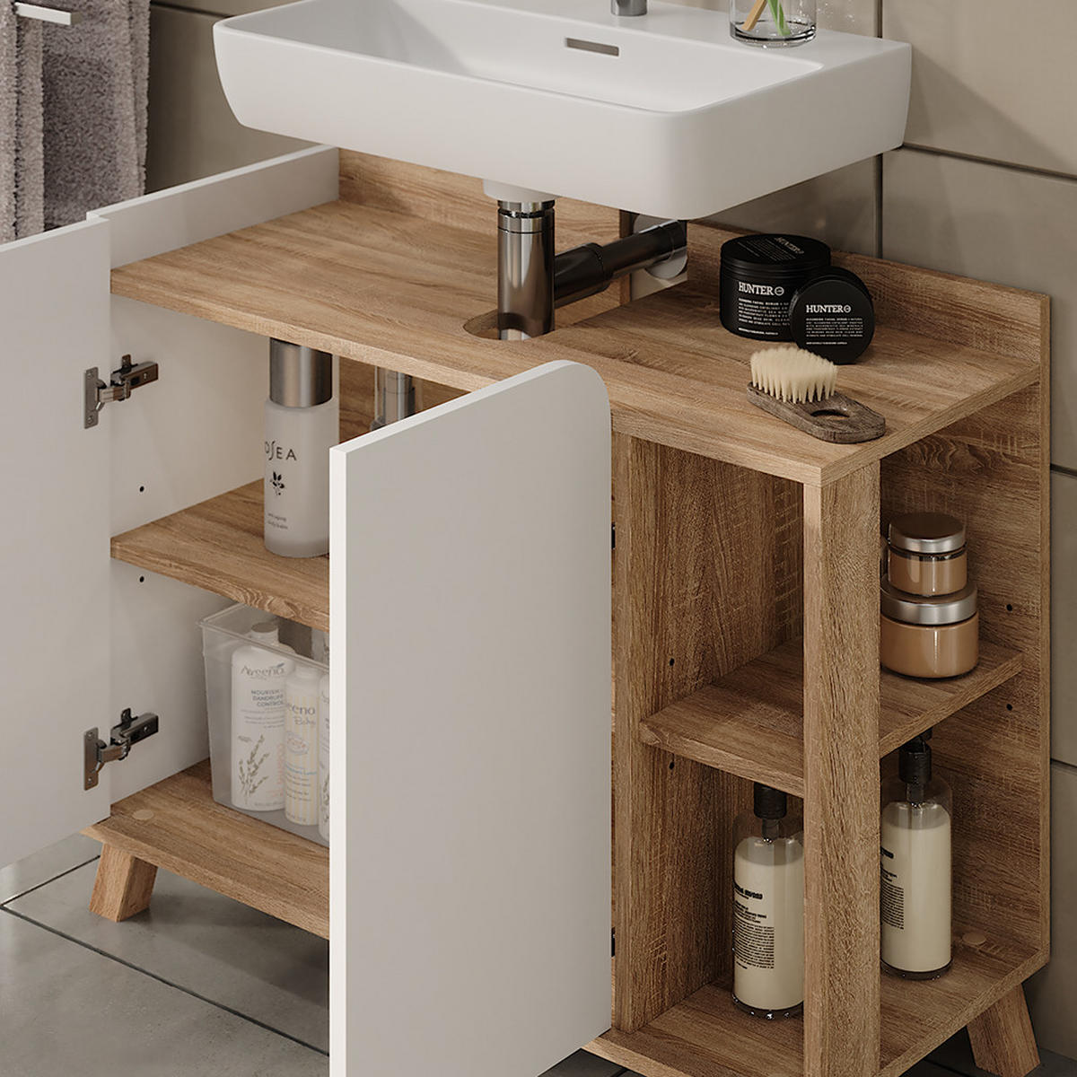 WASCHBECKENUNTERSCHRANK Karen Sonoma/Weiß 80 x 65 cm mit 2 Türen - Weiß/Sonoma Eiche, Holzwerkstoff (80/65/35cm) - Vicco