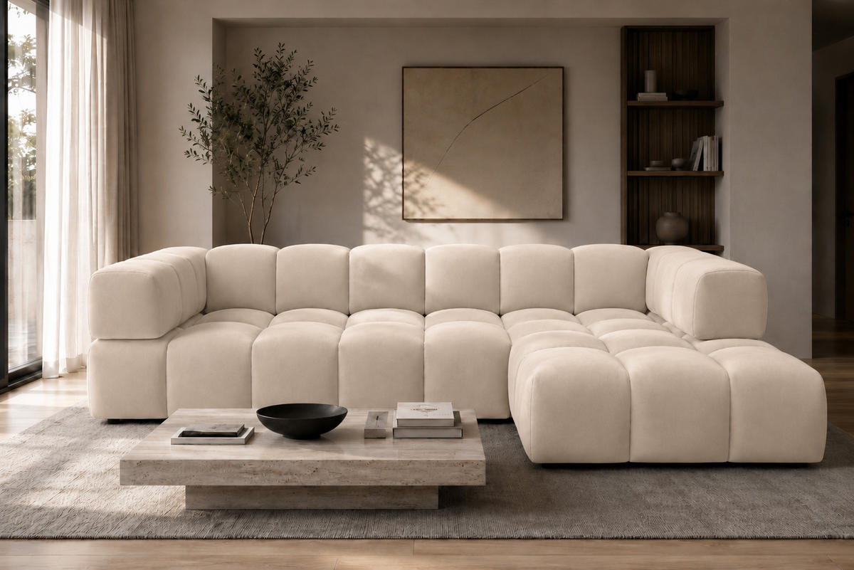 ECKSOFA L-Form, Veloursstoff Bluvel, Creme, Rechts, Averro XL - Creme, Holz (320/150cm) - Kaiser Möbel