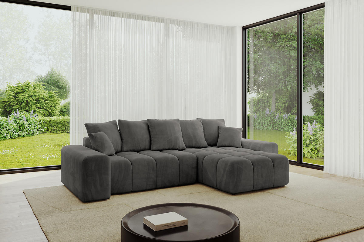 ECKSOFA Ottomane rechts ENIL-L 297x189x68 Dunkelgrau Velours - Anthrazit, Holzwerkstoff/Kunststoff (189/297cm) - ALTDECOR