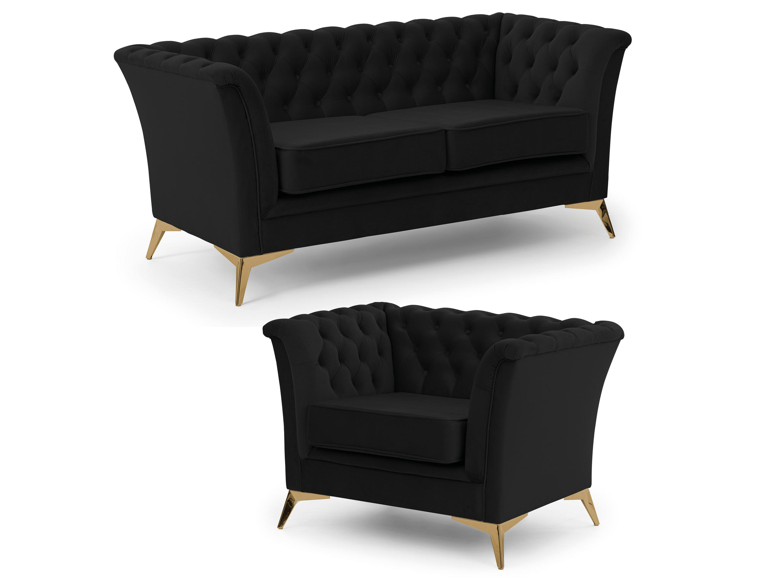 SITZGARNITUR 2+1 Chesterfield Whitby Schwarz Samt mit goldenen Füßen - Goldfarben/Schwarz, Holz/Textil (175/78/82cm) - S-Style Möbel