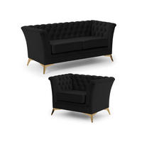 SITZGARNITUR 2+1 Chesterfield Whitby Schwarz Samt mit goldenen Füßen - Goldfarben/Schwarz, Holz/Textil (175/78/82cm) - S-Style Möbel