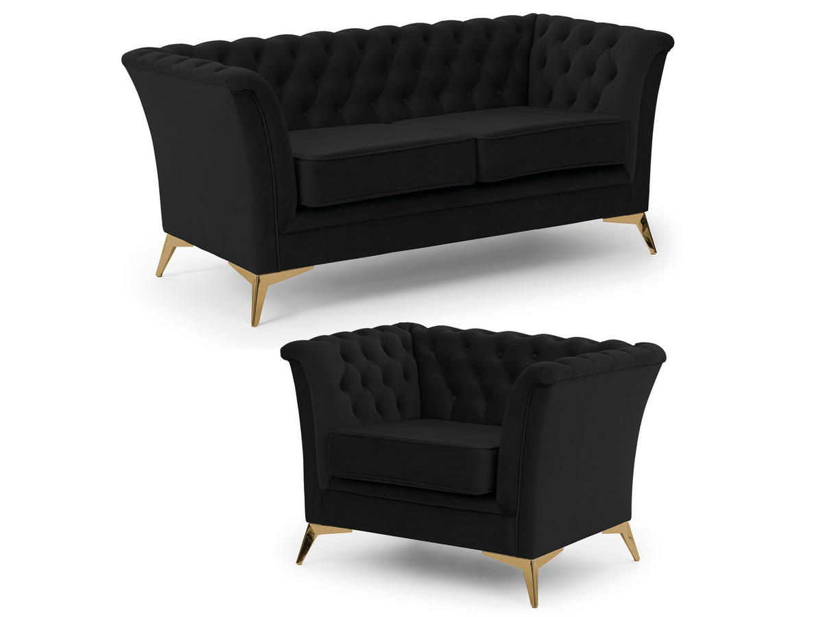 SITZGARNITUR 2+1 Chesterfield Whitby Schwarz Samt mit goldenen Füßen - Goldfarben/Schwarz, Holz/Textil (175/78/82cm) - S-Style Möbel