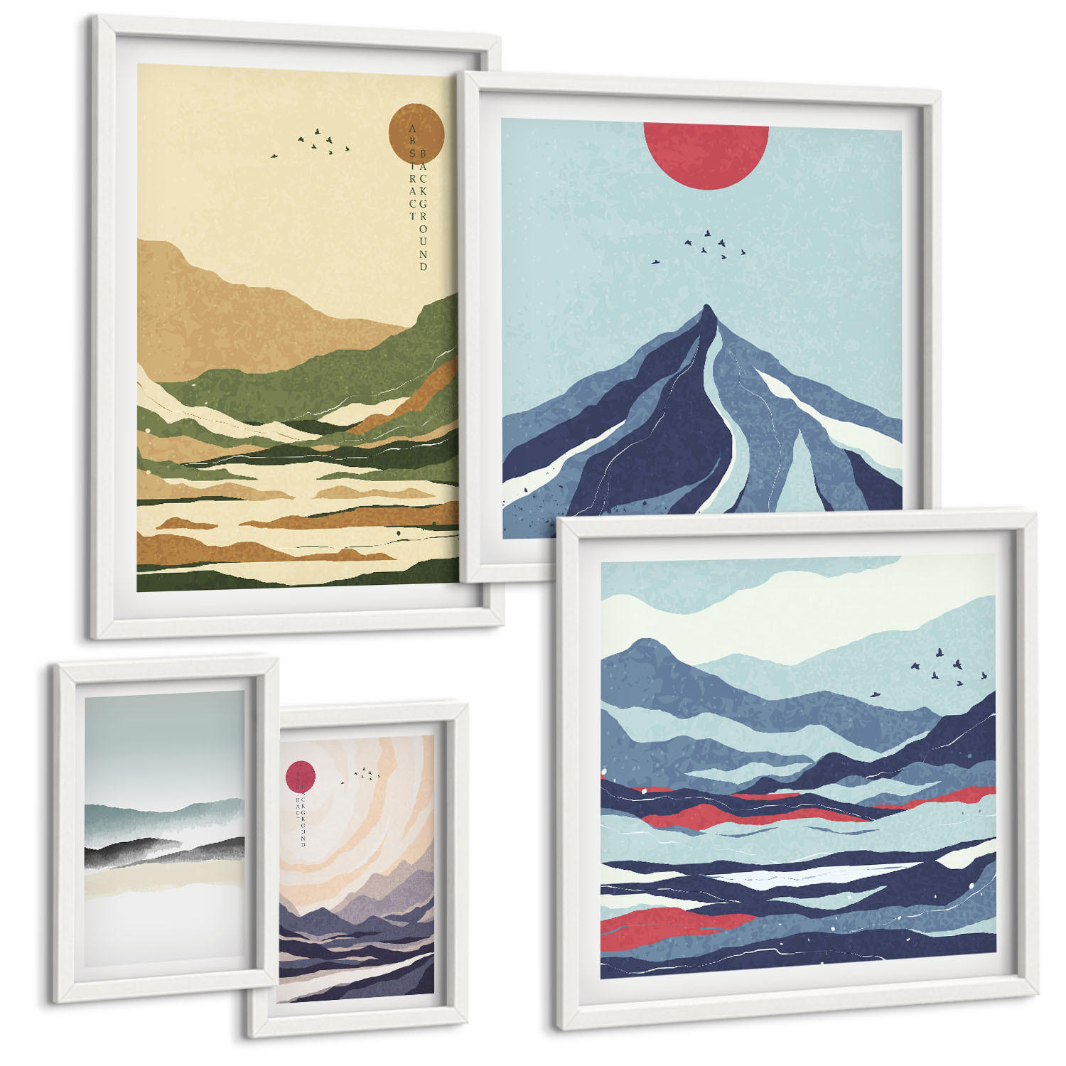 BILDER SET 5er Set - 50x50 cm & 20x30 cm & 40x60 cm Weißer Rahmen - Berge minimalistische Pastellfarben - Weiß, Kunststoff (40/60cm) - TULUP