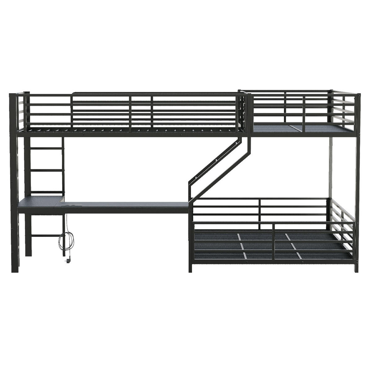 ETAGENBETT 90/200 cm Schwarz mit Schreibtisch, USB- und Type-C-Schnittstelle - Schwarz, Metall (90/200cm) - Oxeza