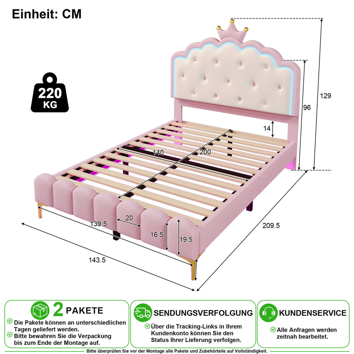 POLSTERBETT 140/200 cm in Rosa mit LED und Kronen-Design Kunstleder - Rosa, Holzwerkstoff/Textil (140/200cm) - CHICFURN