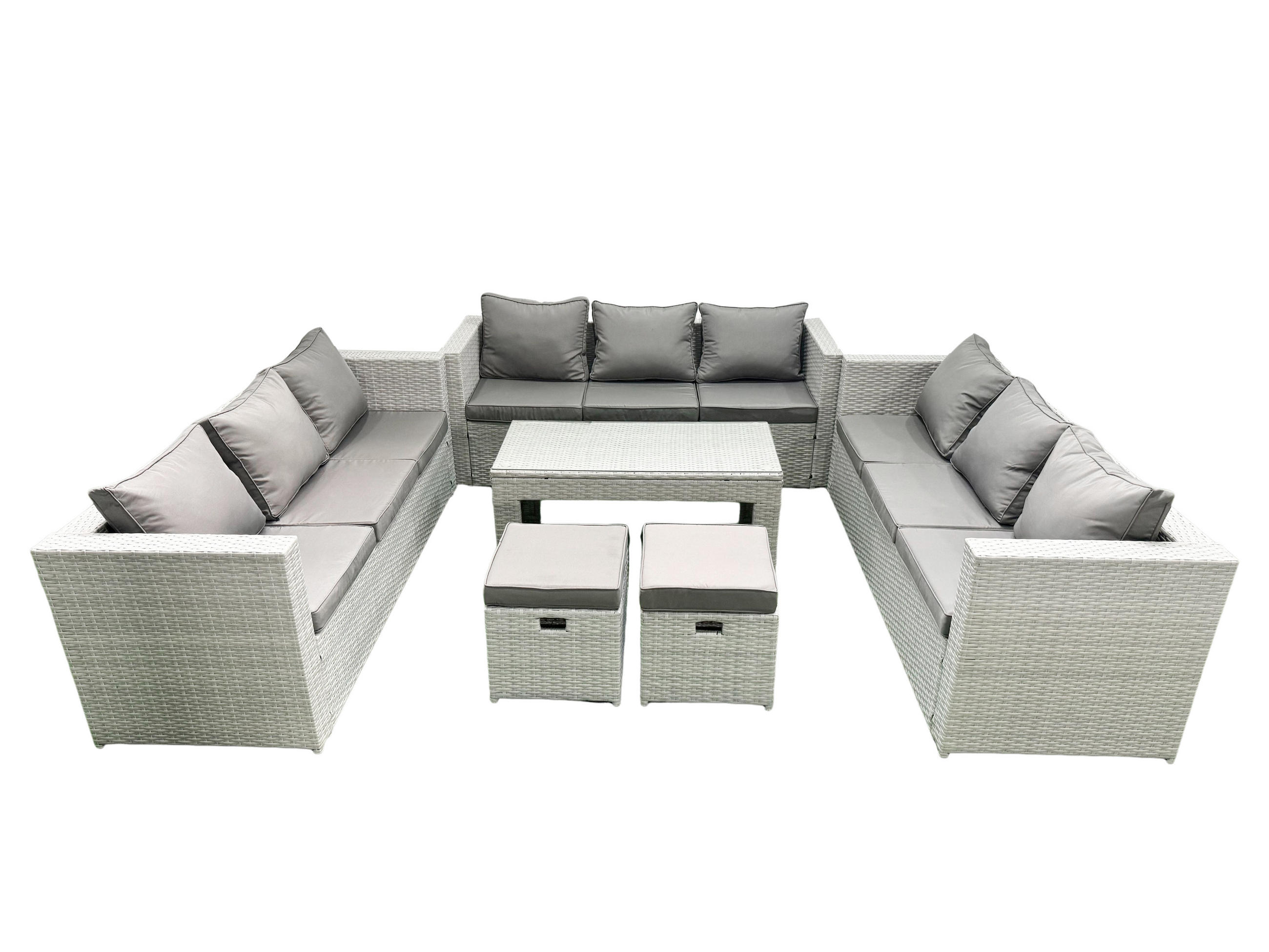 BALKONMÖBEL-SET Polyrattan Hellgrau-Mix 11-teilig - Hellgrau/Grau, Glas/Kunststoff - Fimous
